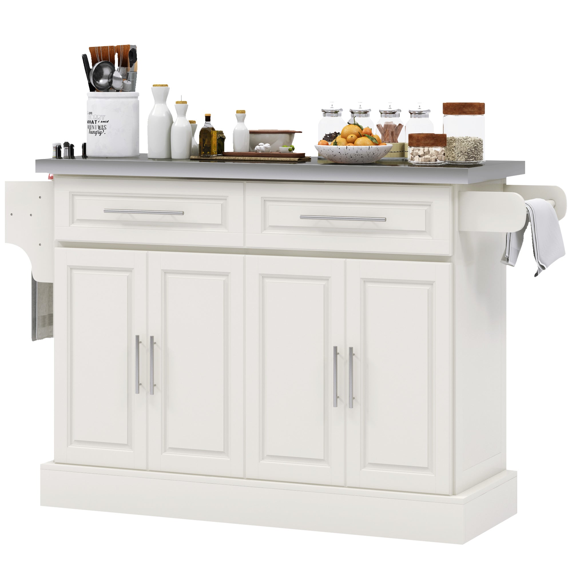 Narrow Kitchen Island Serving Island on Wheels with Drawers Spice Rack for Dining Room Cream