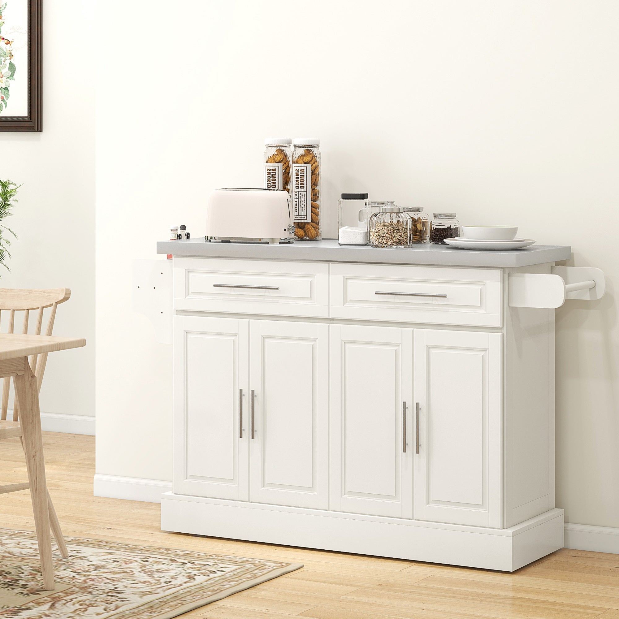 Narrow Kitchen Island Serving Island on Wheels with Drawers Spice Rack for Dining Room Cream