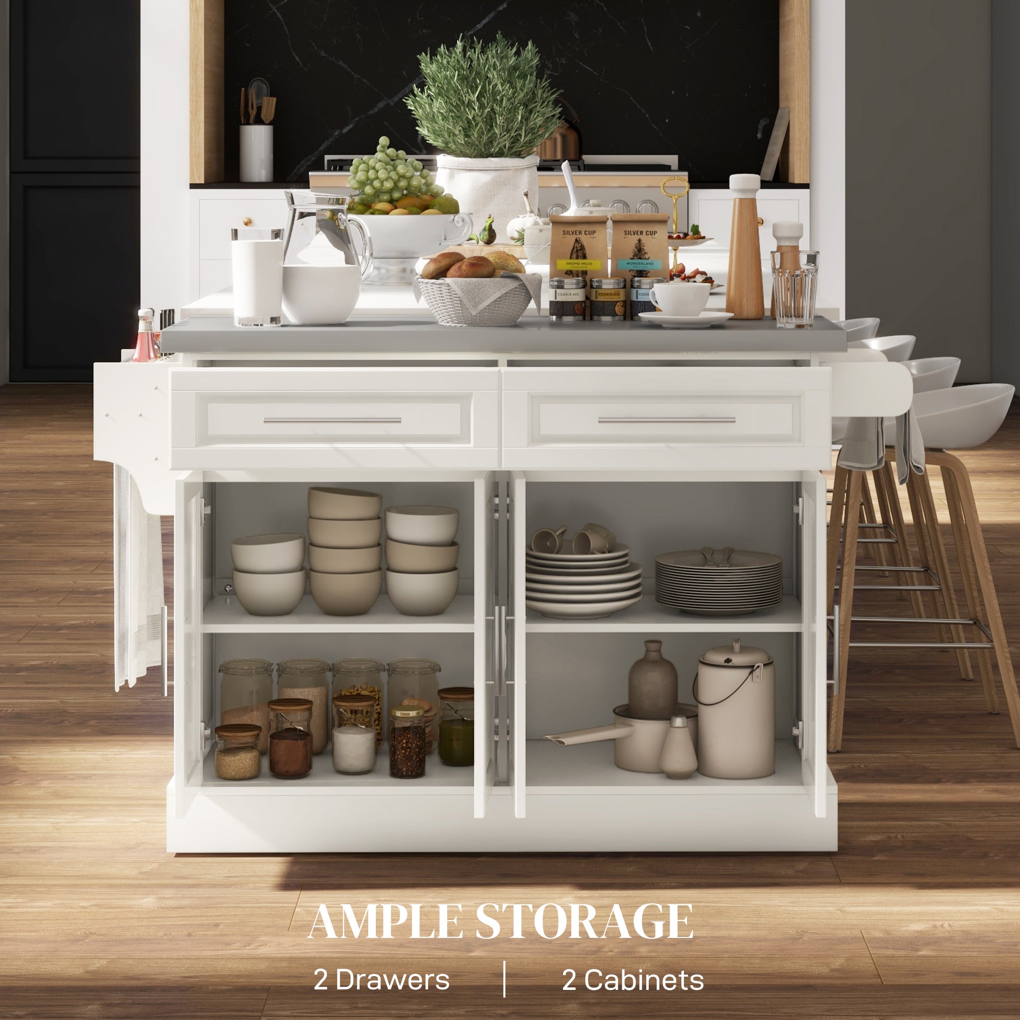 Narrow Kitchen Island Serving Island on Wheels with Drawers Spice Rack for Dining Room Cream