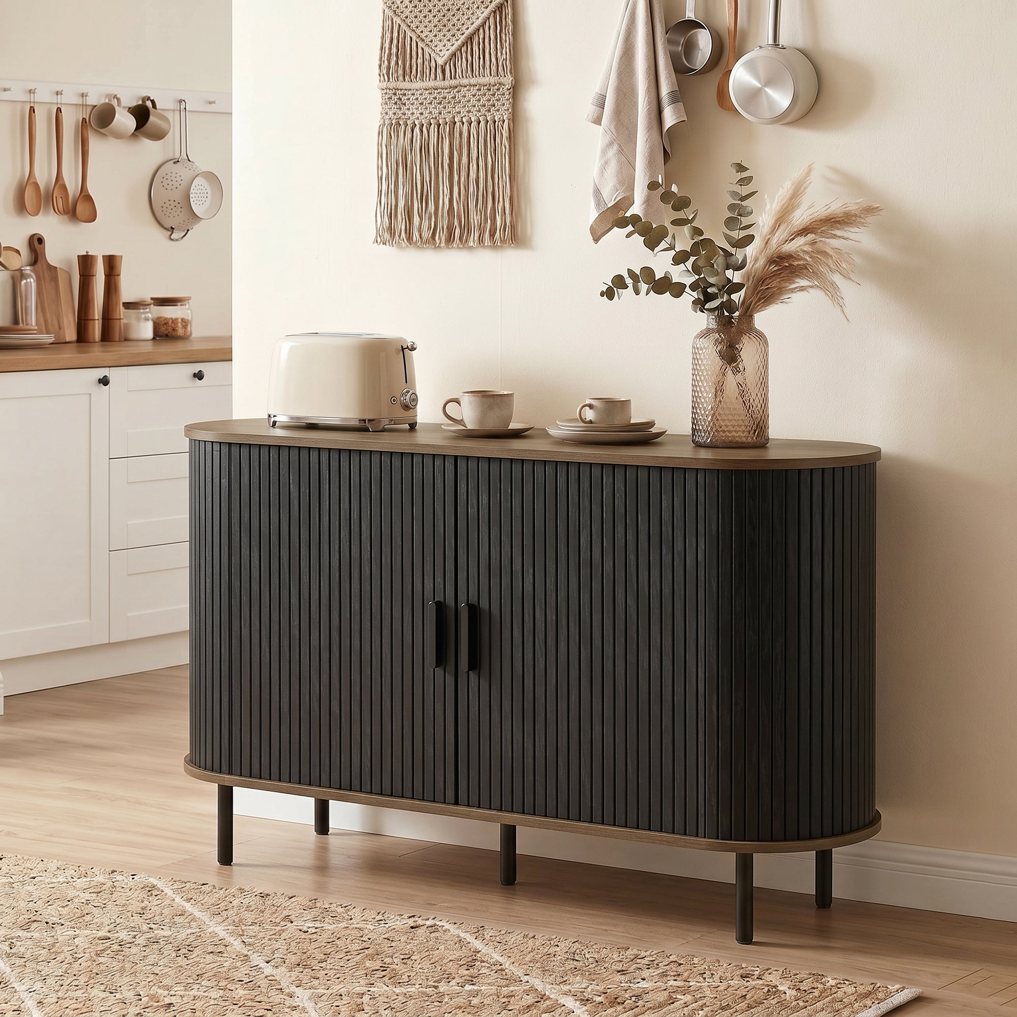Fluted Sideboard Buffet Cabinet, 55" Mid Century Coffee Bar Cabinet with Sliding Doors, Kitchen Credenza with Adjustable Shelves, Black Wood Grain