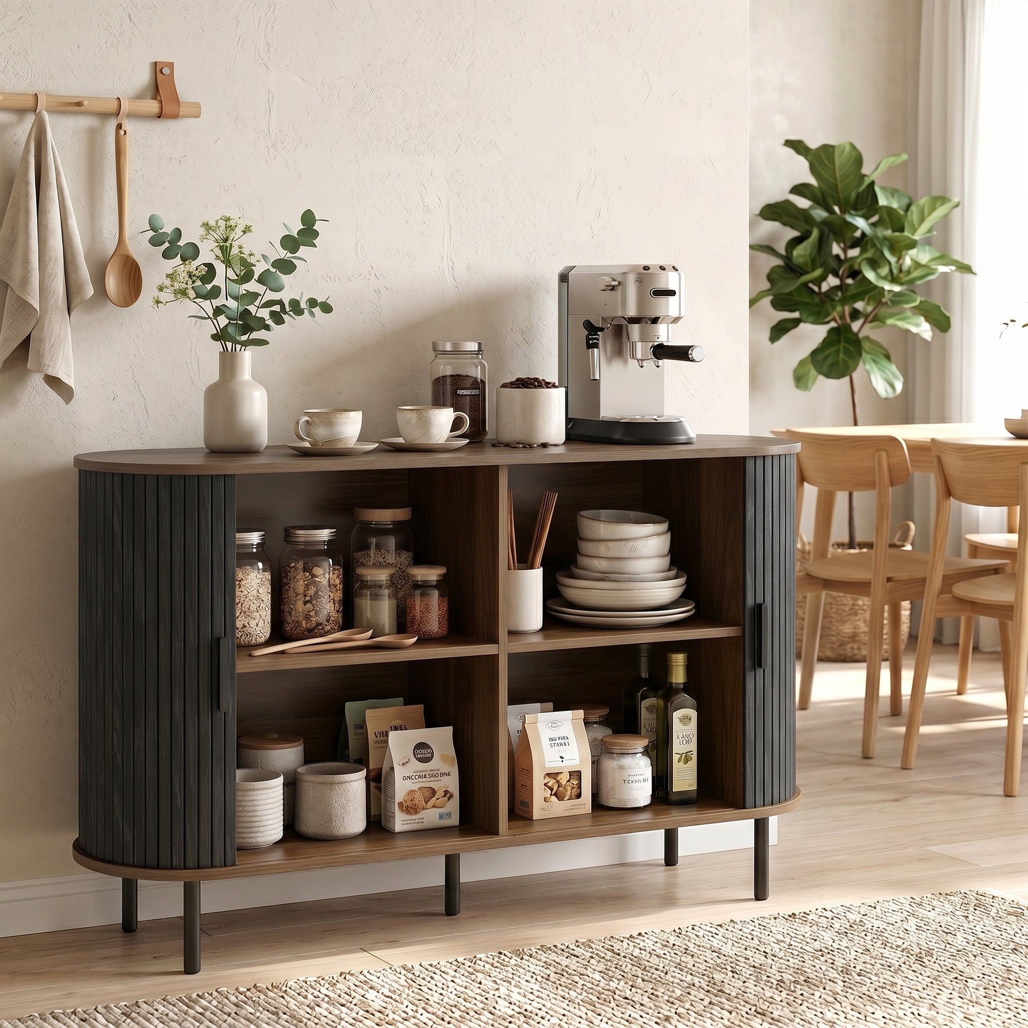 Fluted Sideboard Buffet Cabinet, 55" Mid Century Coffee Bar Cabinet with Sliding Doors, Kitchen Credenza with Adjustable Shelves, Black Wood Grain