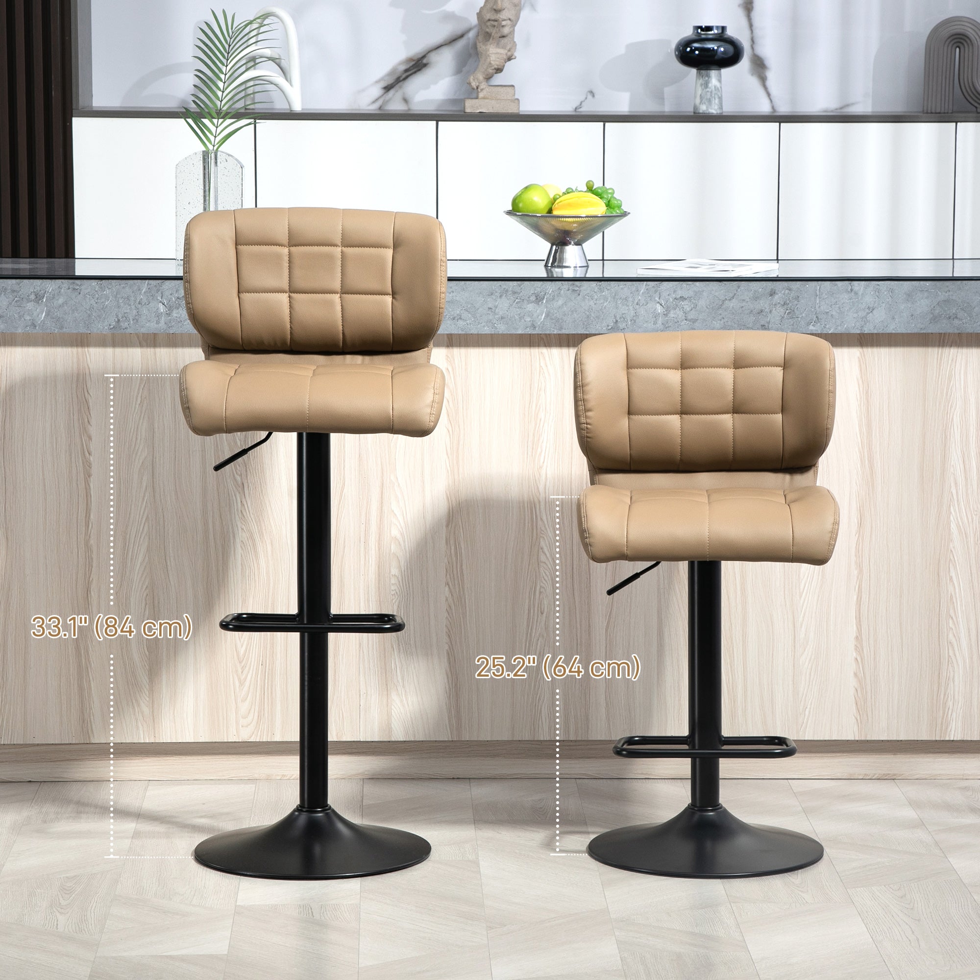 HOMCOM Adjustable Bar Stools Set of 2, Swivel Tufted PU Leather Barstools with Footrest and Back, Bar Chairs for Kitchen Counter and Dining Room, Khaki