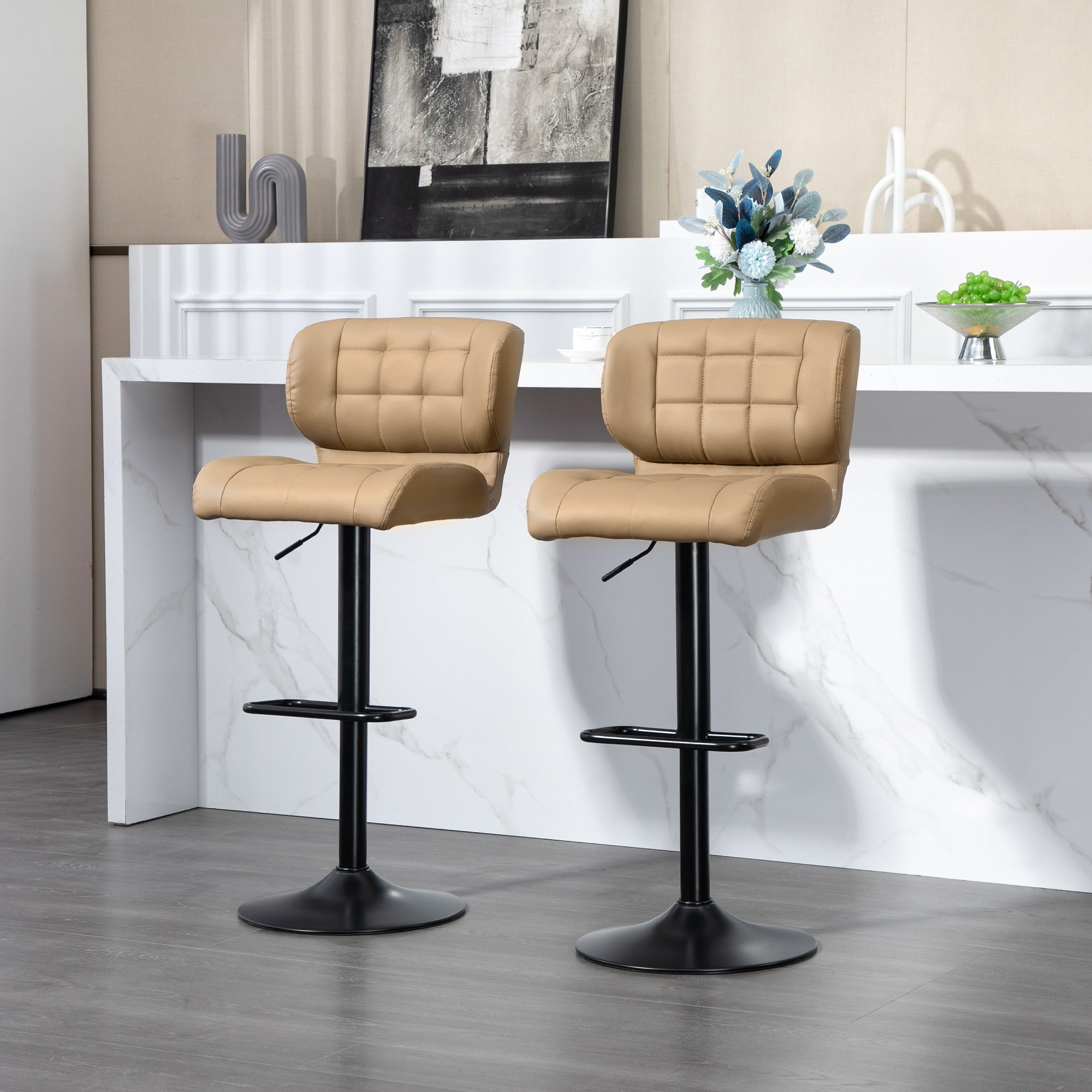 HOMCOM Adjustable Bar Stools Set of 2, Swivel Tufted PU Leather Barstools with Footrest and Back, Bar Chairs for Kitchen Counter and Dining Room, Khaki