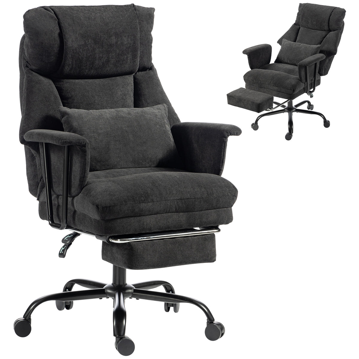 Office Chair, 180kg Heavy Duty Linen Computer Desk Chair with Lumbar Support, Wide Seat, Spring Cushion, Reclining Backrest, Footrest, Swivel Wheels, Black
