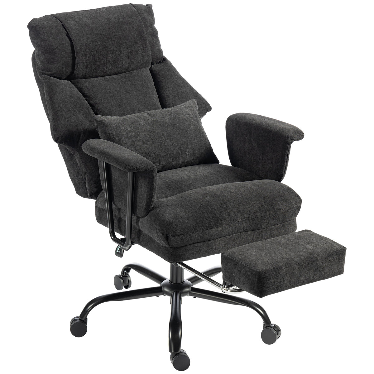 Office Chair, 180kg Heavy Duty Linen Computer Desk Chair with Lumbar Support, Wide Seat, Spring Cushion, Reclining Backrest, Footrest, Swivel Wheels, Black