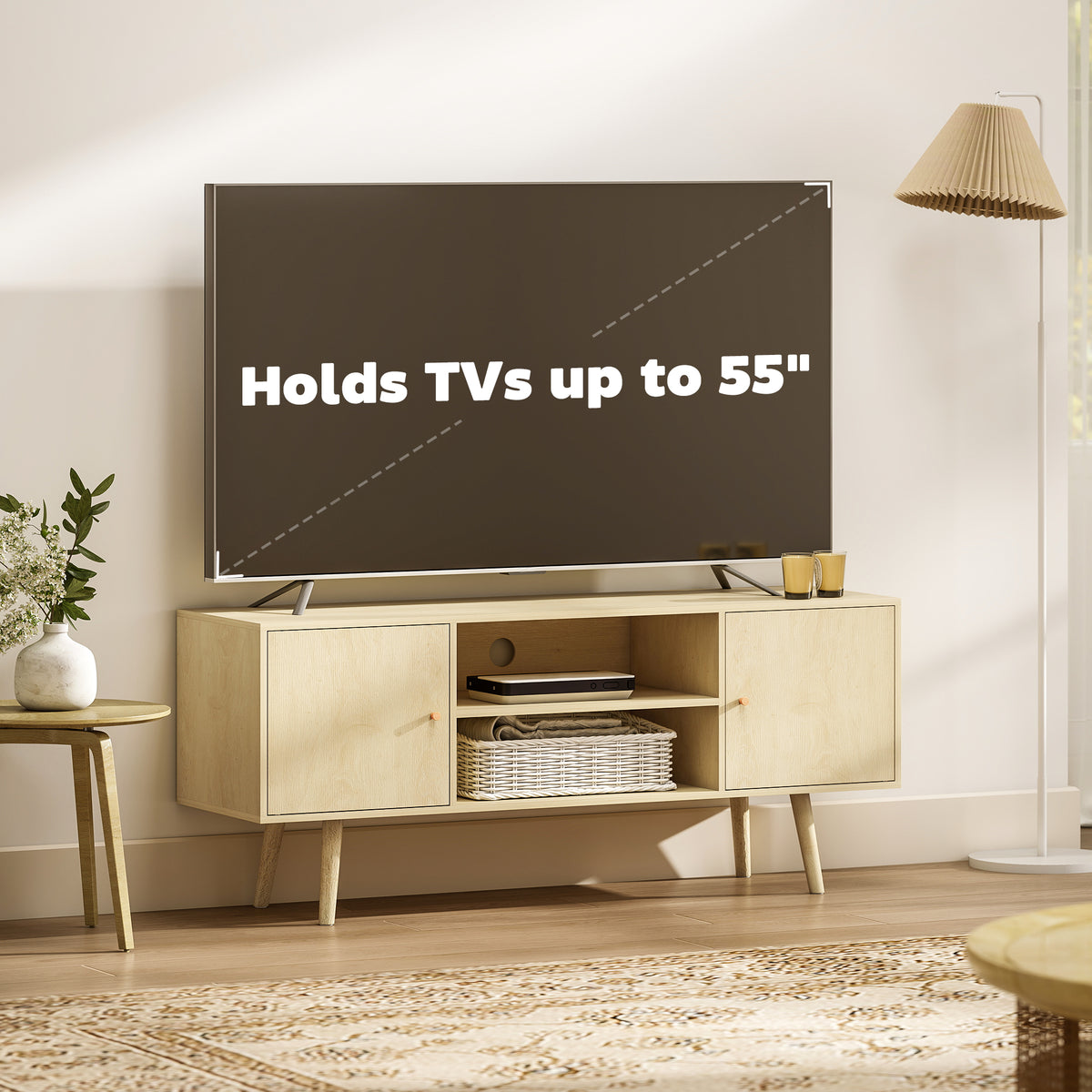 TV Stand Cabinet for TVs up to 55 Inches, Entertainment Unit with Storage Shelves and Wood Legs for Living Room, Natural Wood