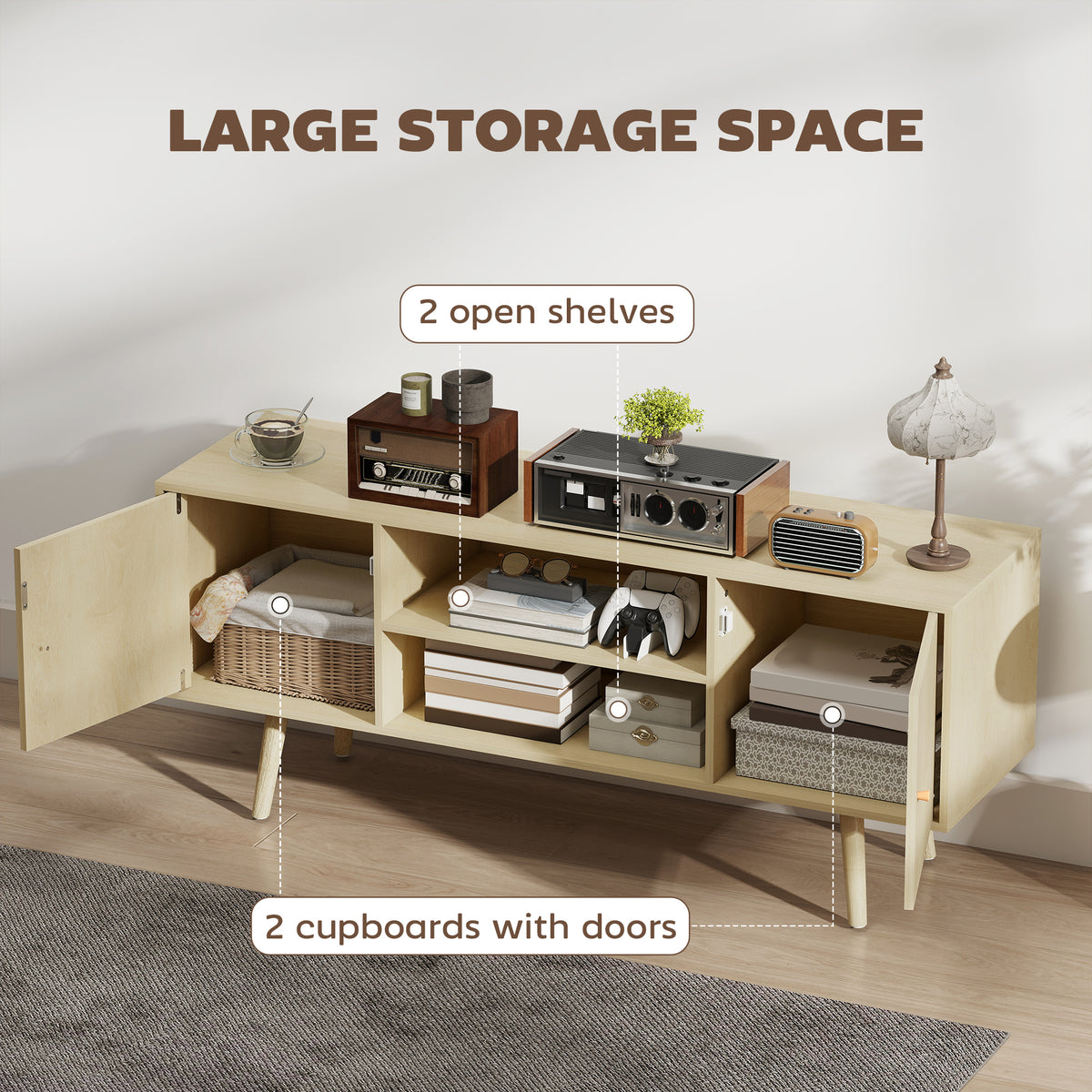 TV Stand Cabinet for TVs up to 55 Inches, Entertainment Unit with Storage Shelves and Wood Legs for Living Room, Natural Wood