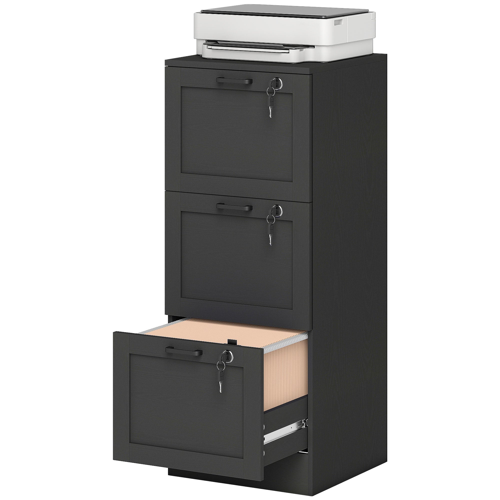 3 Drawer File Cabinet with Lock, Vertical Filing Cabinet with Adjustable Hanging Bars for A4 and Letter Size File Folders, Printer Stand with Storage, Black