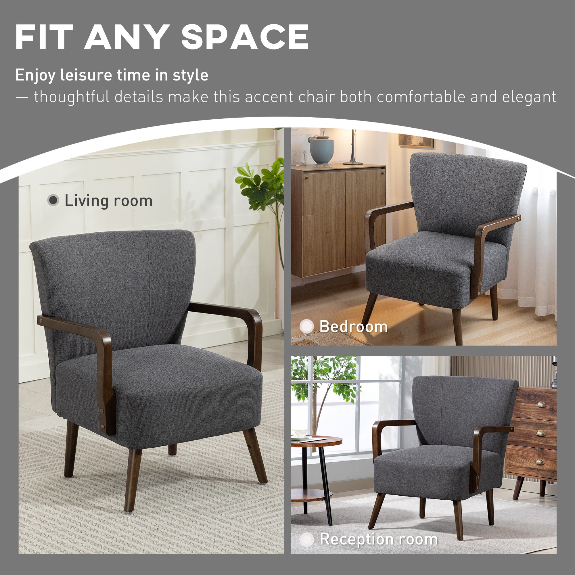 Accent Chair with Wooden Legs, Upholstered Linen Fabric Armchair with Wide Back and Thick Padding, Modern Comfy Chair for Living Room, Bedroom, Dark Grey