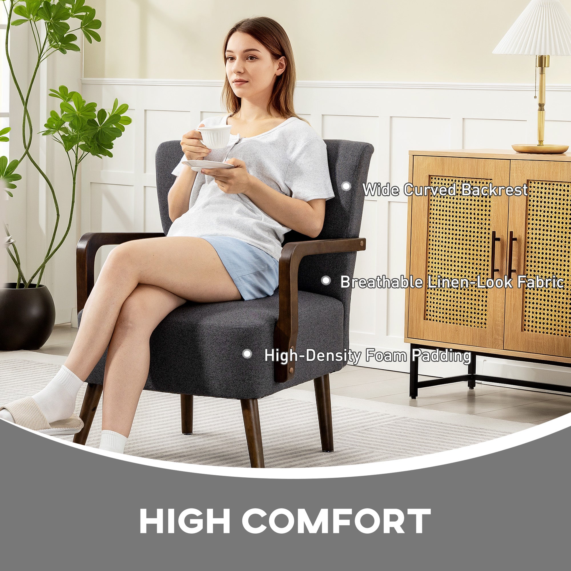 Accent Chair with Wooden Legs, Upholstered Linen Fabric Armchair with Wide Back and Thick Padding, Modern Comfy Chair for Living Room, Bedroom, Dark Grey