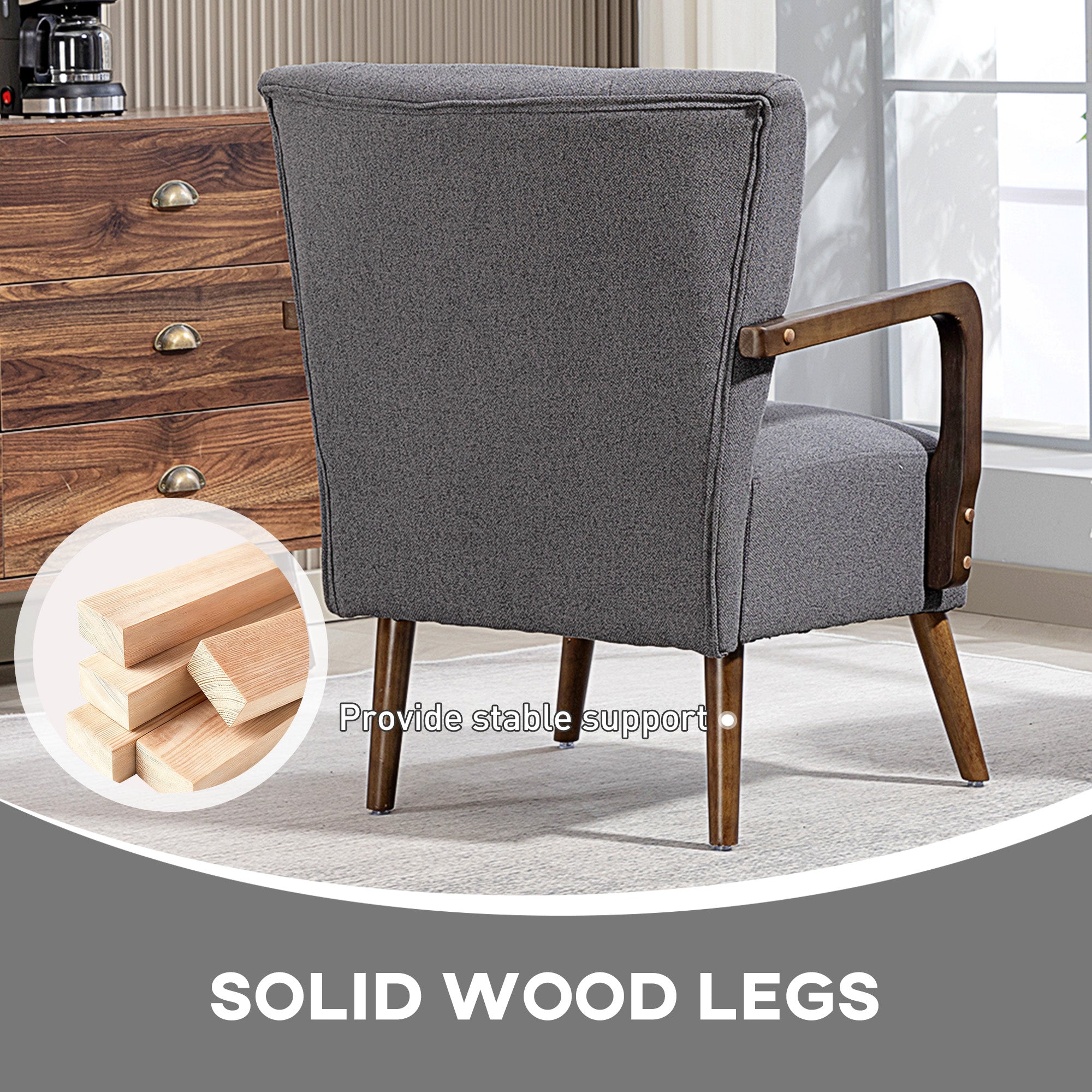 Accent Chair with Wooden Legs, Upholstered Linen Fabric Armchair with Wide Back and Thick Padding, Modern Comfy Chair for Living Room, Bedroom, Dark Grey