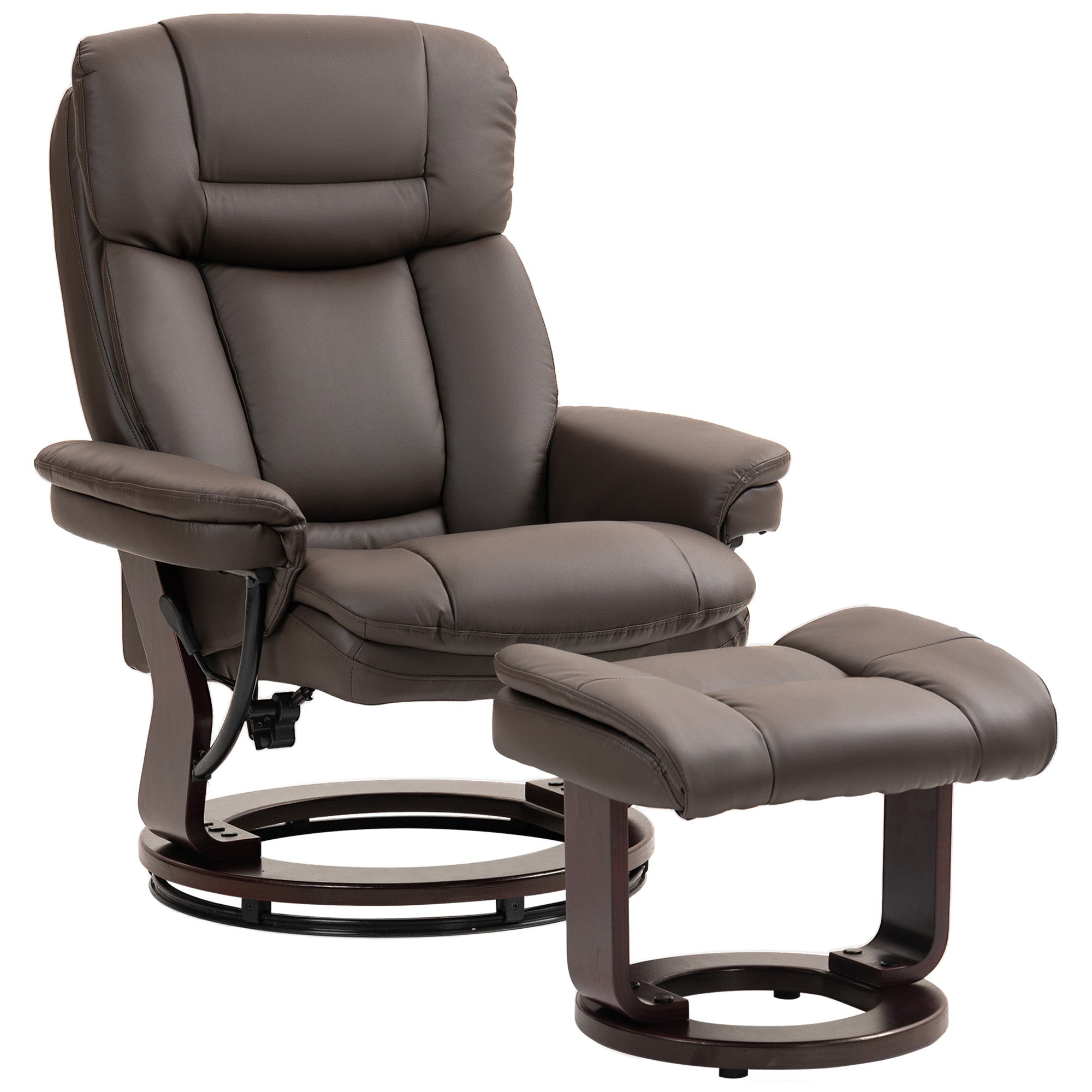 Swivel Recliner Chair with Ottoman, PU Leather Recliner with Adjustable Backrest, Footrest, Wood Base, Upholstered Reclining Chair for Living Room, Bedroom, Office, Dark Brown