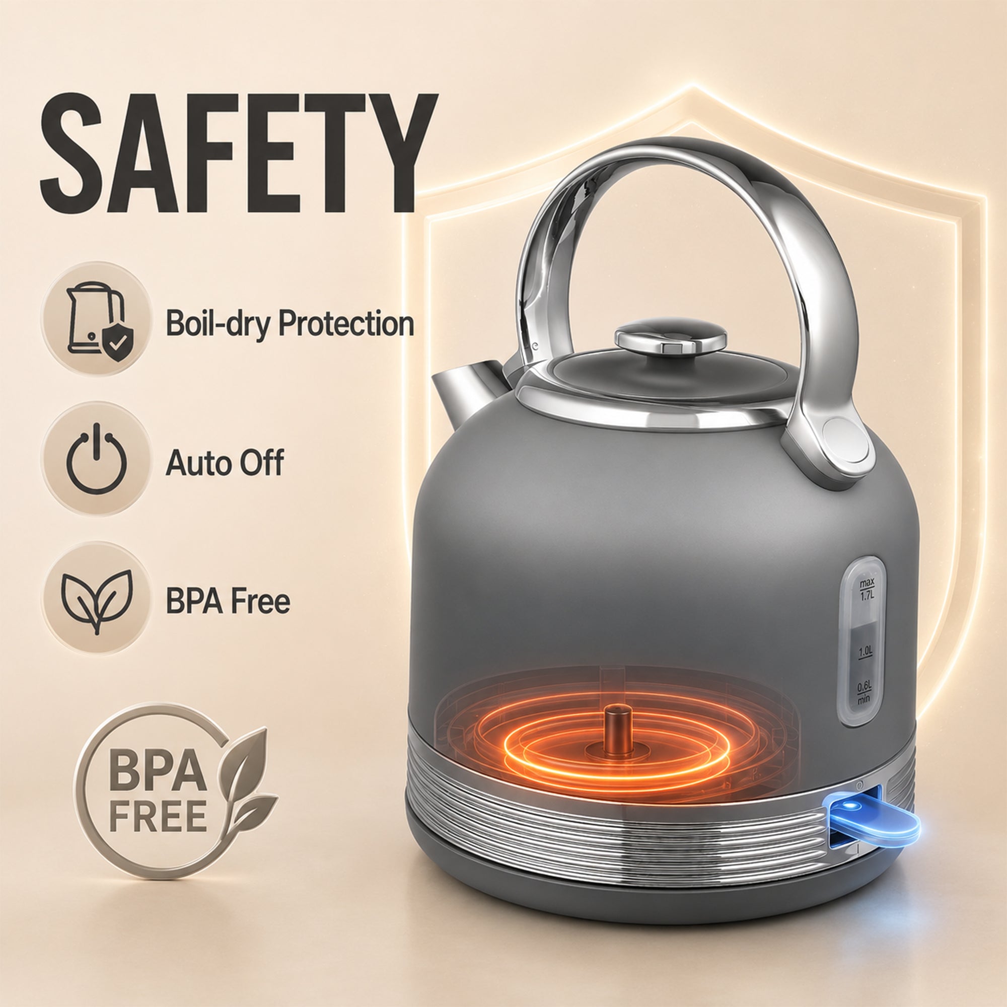 Stainless Steel Kettle and Toaster Set, 1.7L 3000W Cordless Fast Boil Kettle, 4 Slice Toaster Kitchen Set with 7 Level Browning Controls, Defrost, Reheat and Crumb Tray, Grey
