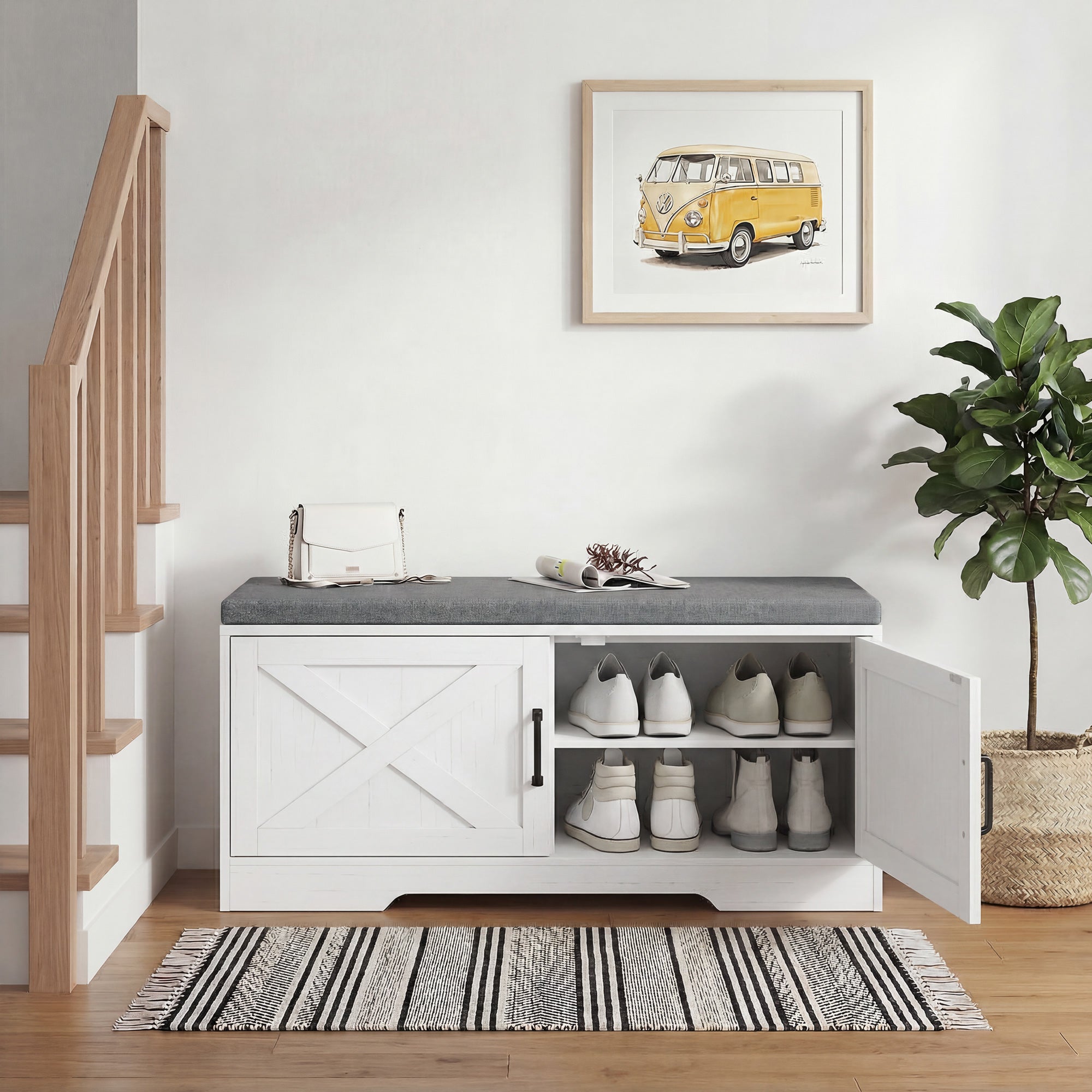 2-Tier Shoe Storage Bench, Shoe Bench with Cushion, Adjustable Shelves & 2 Doors, Modern Farmhouse Style Entryway Cabinet for Hallway, Bedroom, White