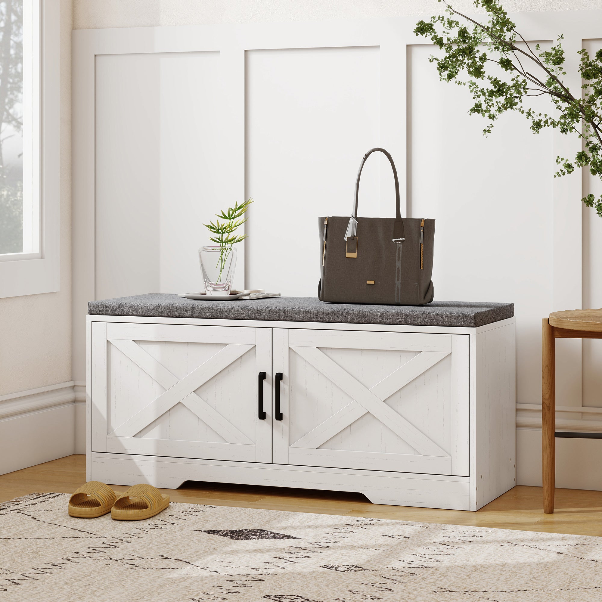 2-Tier Shoe Storage Bench, Shoe Bench with Cushion, Adjustable Shelves & 2 Doors, Modern Farmhouse Style Entryway Cabinet for Hallway, Bedroom, White