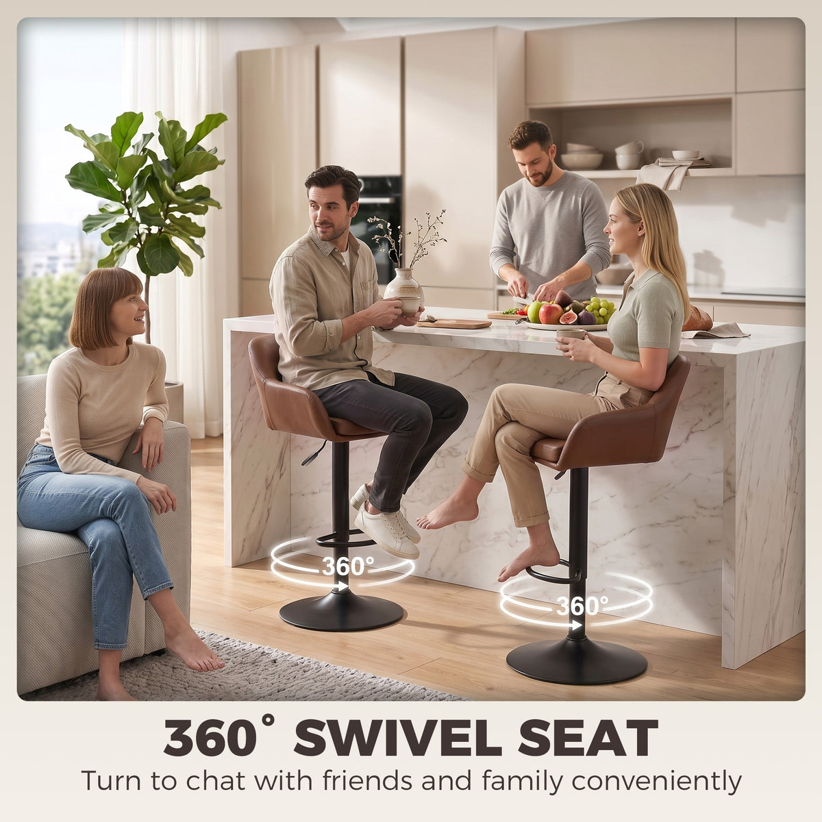 Adjustable Bar Stools Set of 2, Modern Swivel Counter Height Barstools with Back, Footrest, PU Leather Upholstered Bar Chairs for Kitchen Island Counter Dining Room, Brown