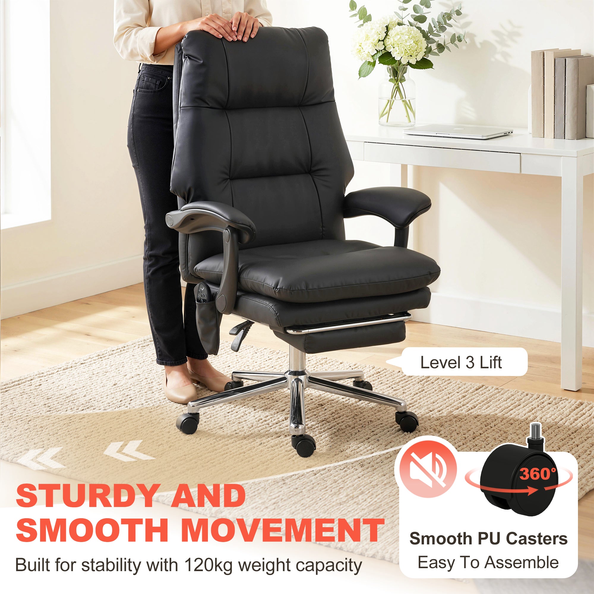 Massage Office Chair with 6-Point Vibration, Pet-Friendly Faux Leather Ergonomic Executive Desk Chair with Double-Layer Spring Cushions, Wide Seat, High Back, Reclining, Footrest, Black