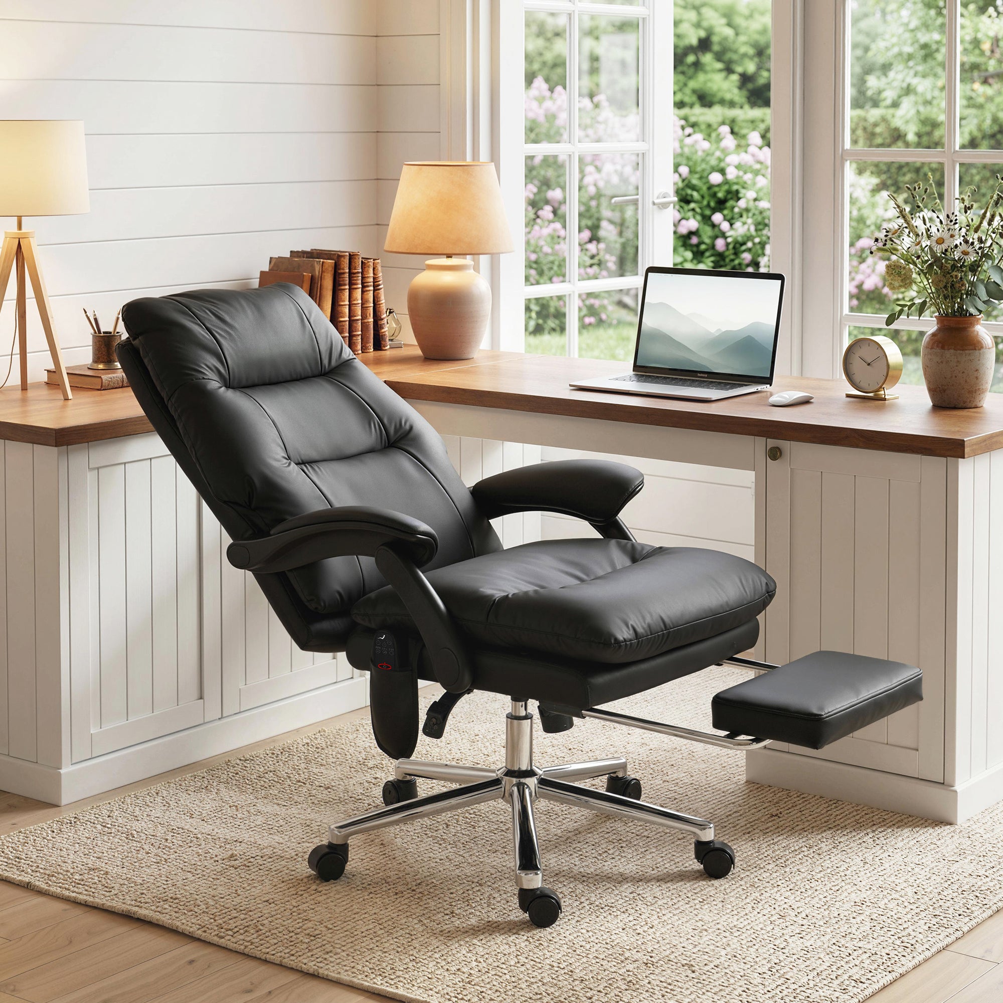 Massage Office Chair with 6-Point Vibration, Pet-Friendly Faux Leather Ergonomic Executive Desk Chair with Double-Layer Spring Cushions, Wide Seat, High Back, Reclining, Footrest, Black