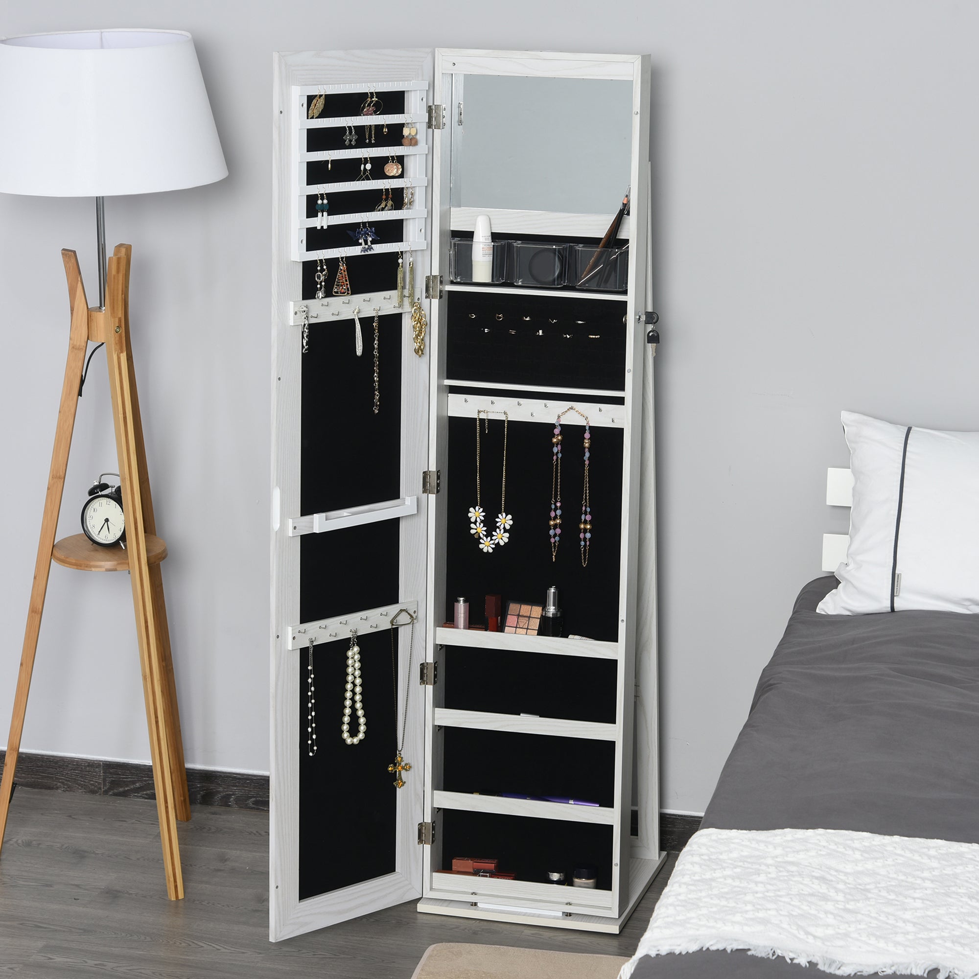 HOMCOM Jewelry Cabinet, Lockable Storage Organizer with Full-Length Mirror, LED Lights, Standing Jewelry Armoire in White Wood