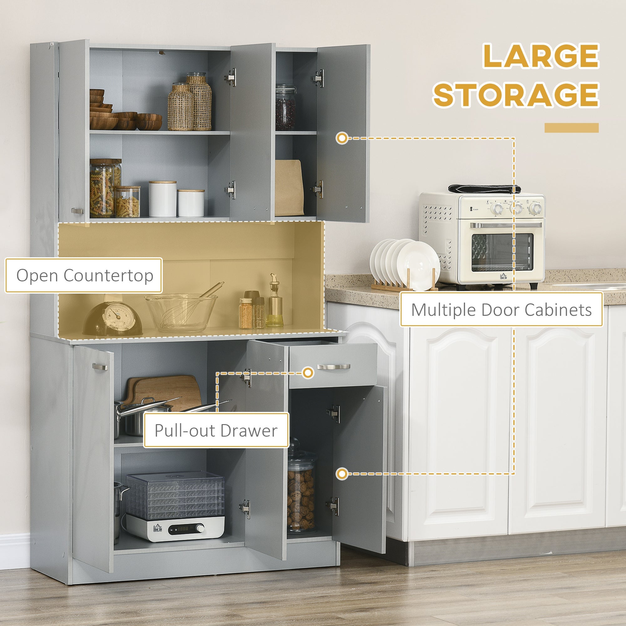71" Freestanding Buffet with Hutch Kitchen Storage Cabinets Pantry with 6 Doors Gray