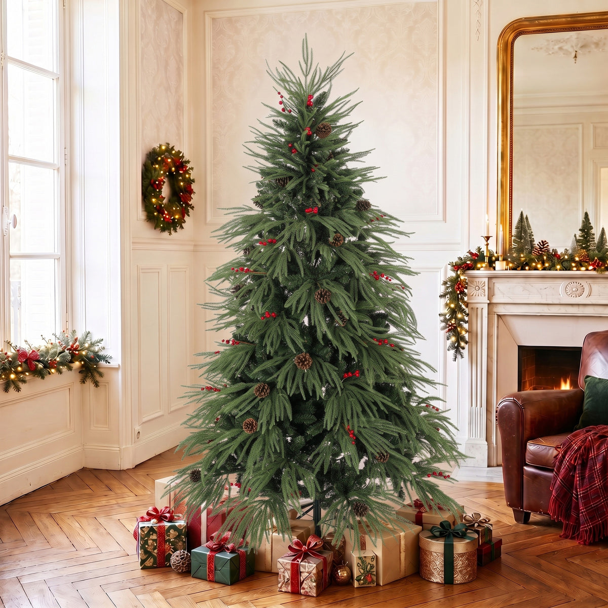 6ft Artificial Christmas Tree with Pinecones, Red Berries, Hinged Predecorated Xmas Tree with 2843 Branch Tips, Foldable Metal Base for Home Office Holiday Decoration, Green