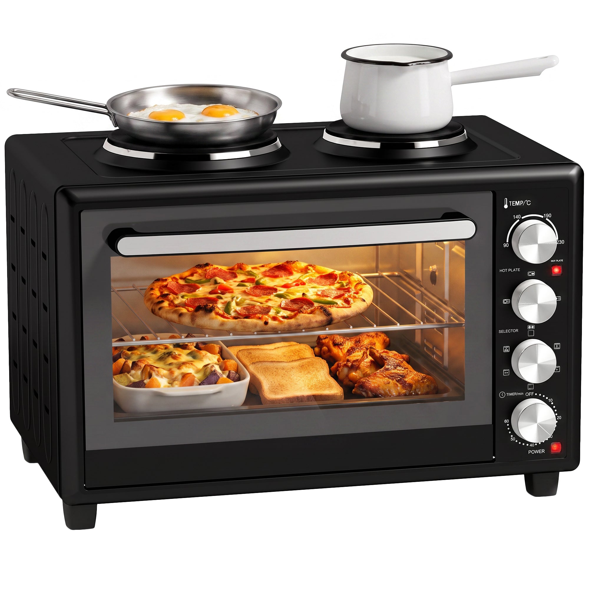 46L Mini Oven with Dual Hot Plates, Electric Countertop Cooker with Convection, 90–230°C Adjustable Temperature, 60 Minute Timer, Portable Oven with Wire Rack & Baking Tray, 1800W, Black