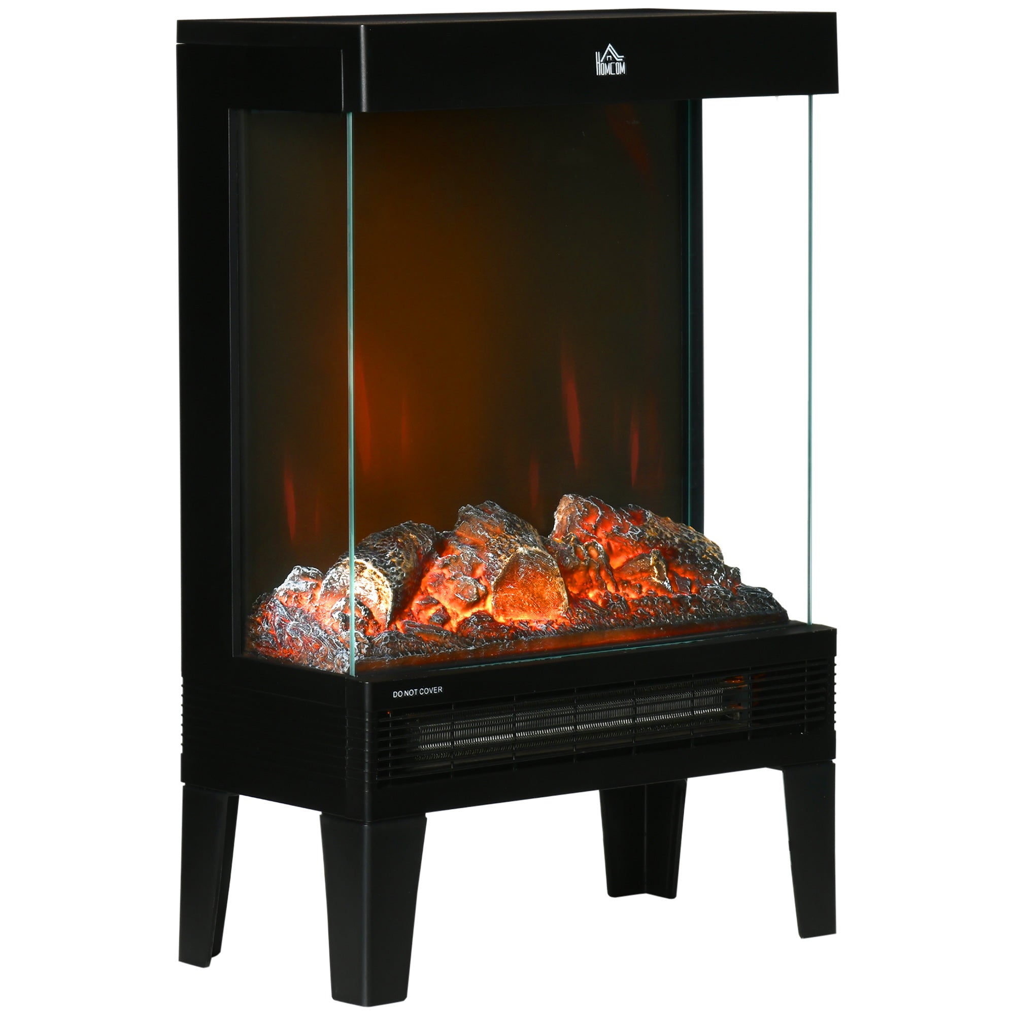 180° Charming Electric Fireplace Heater, Quiet Freestanding Stove with LED Flame Effect, Level-less Temperature Control, Overheating Protection, 1000W/2000W, Black
