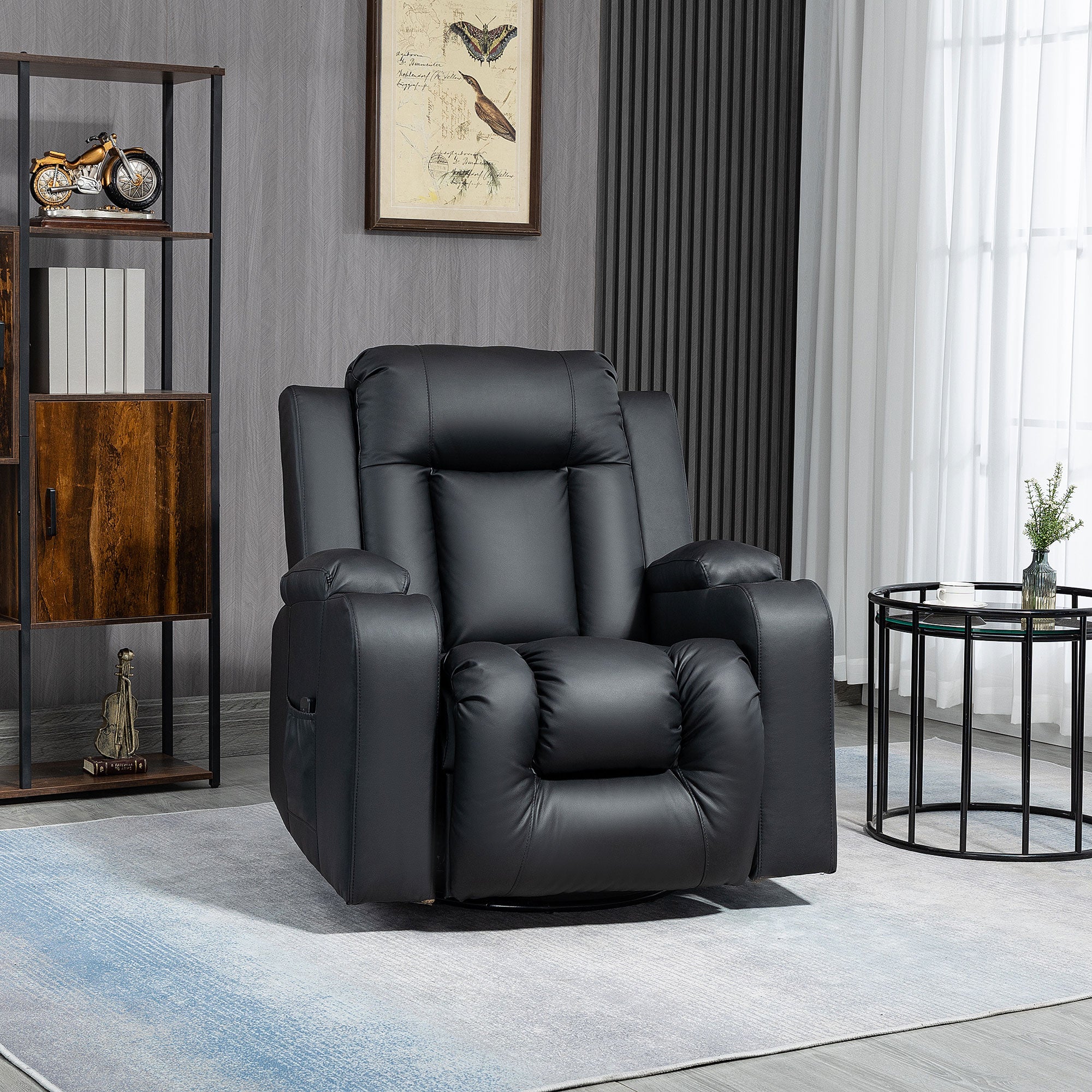 HOMCOM Massage Recliner Chair for Living Room with 8 Vibration, Overstuffed PU Leather Manual Reclining Chair with Wide Seat, Cup Holders, 360° Swivel, Rocking, Black