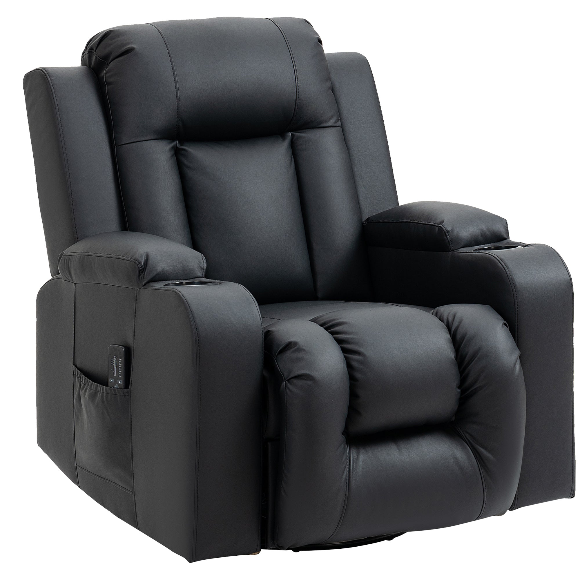 HOMCOM Massage Recliner Chair for Living Room with 8 Vibration, Overstuffed PU Leather Manual Reclining Chair with Wide Seat, Cup Holders, 360° Swivel, Rocking, Black