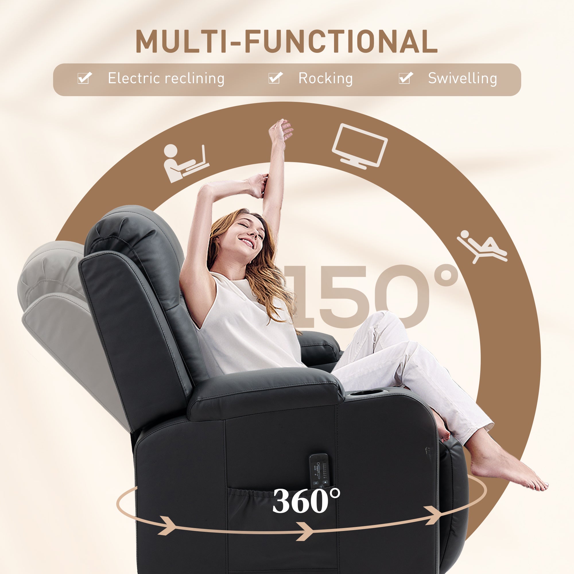 HOMCOM Massage Recliner Chair for Living Room with 8 Vibration, Overstuffed PU Leather Manual Reclining Chair with Wide Seat, Cup Holders, 360° Swivel, Rocking, Black