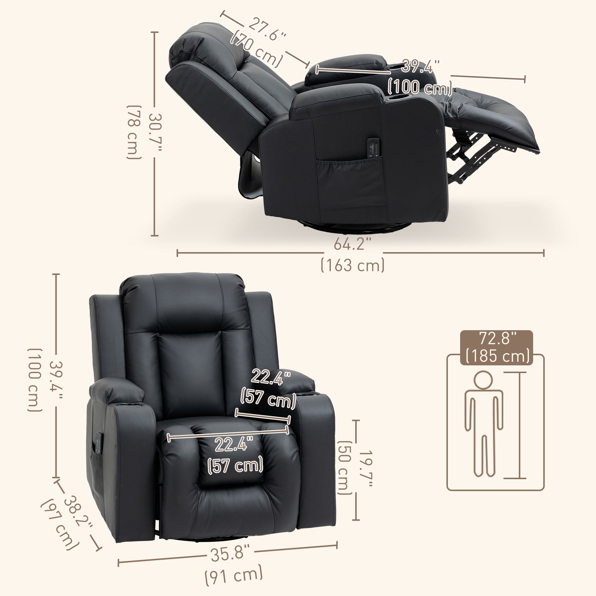 HOMCOM Massage Recliner Chair for Living Room with 8 Vibration, Overstuffed PU Leather Manual Reclining Chair with Wide Seat, Cup Holders, 360° Swivel, Rocking, Black