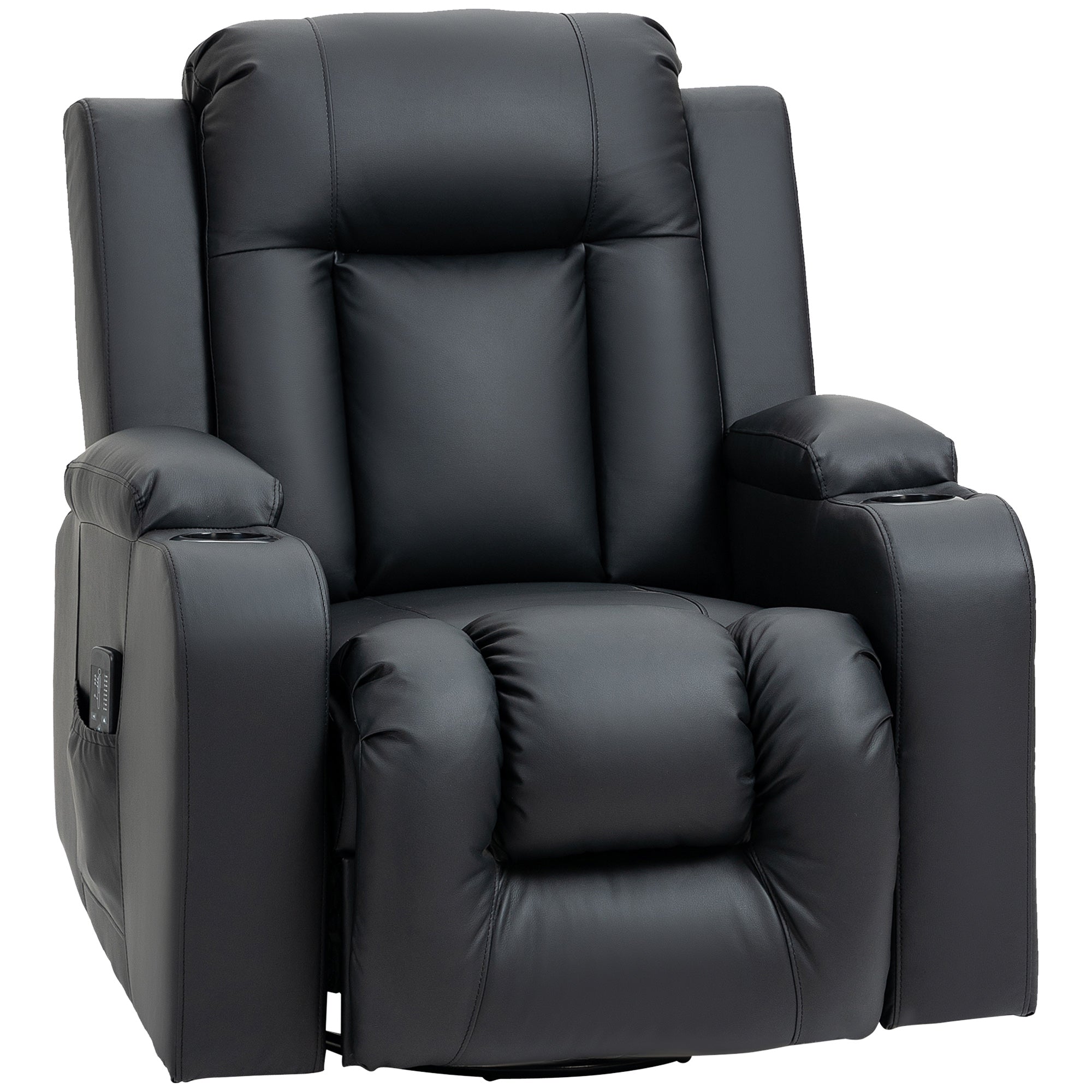 HOMCOM Massage Recliner Chair for Living Room with 8 Vibration, Overstuffed PU Leather Manual Reclining Chair with Wide Seat, Cup Holders, 360° Swivel, Rocking, Black