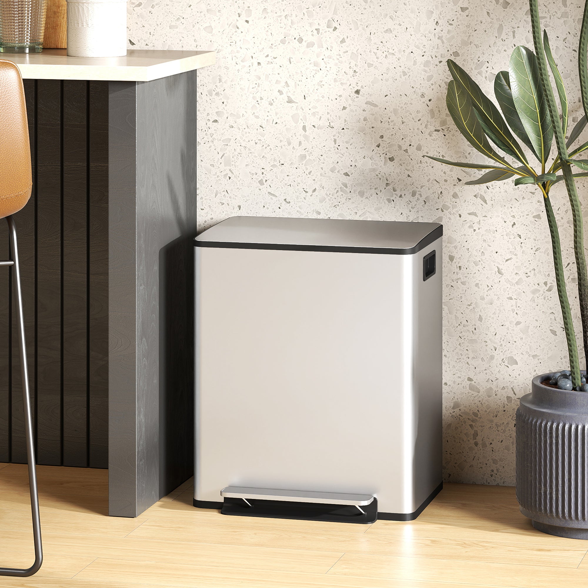 Dual Kitchen Bin, 2 x 25L Stainless Steel Double Pedal Bin with Soft-Close Lid, Removable Inner Buckets and Handles for Recycling and Waste, Silver