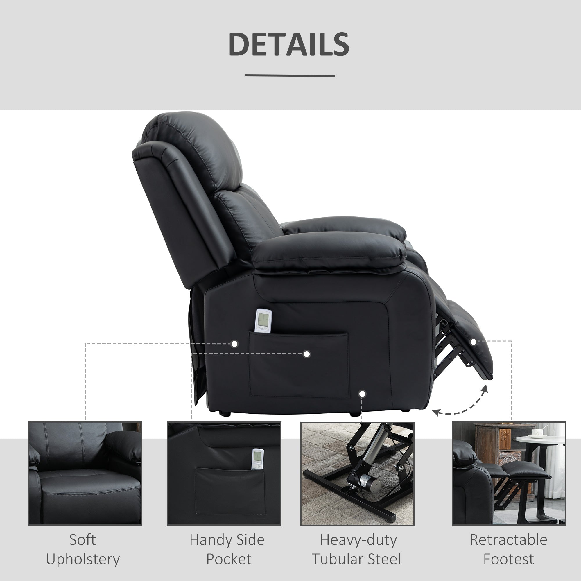 Riser and Recliner Chair with Vibration Massage, PU Leather Power Lift Chair for Elderly with Thick and High Back, Headrest, Removable Armrests, Side Pockets, Electric Lift Armchair, Black