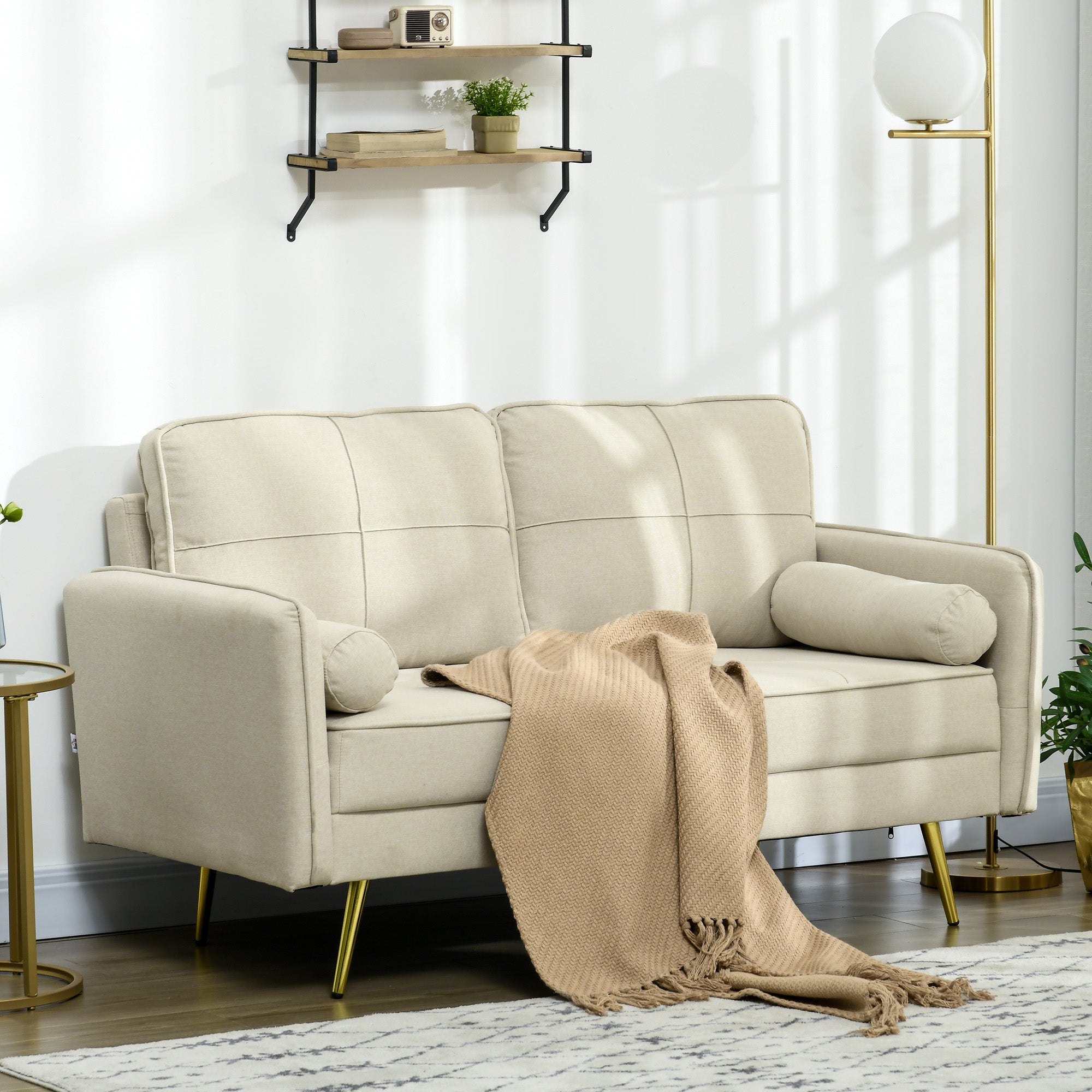 HOMCOM 56" Loveseat Sofa for Bedroom with Back Cushions and Pillows, Modern Love Seats Furniture, Upholstered 2 Seater Couch with Solid Wood Frame and Steel Legs, Beige