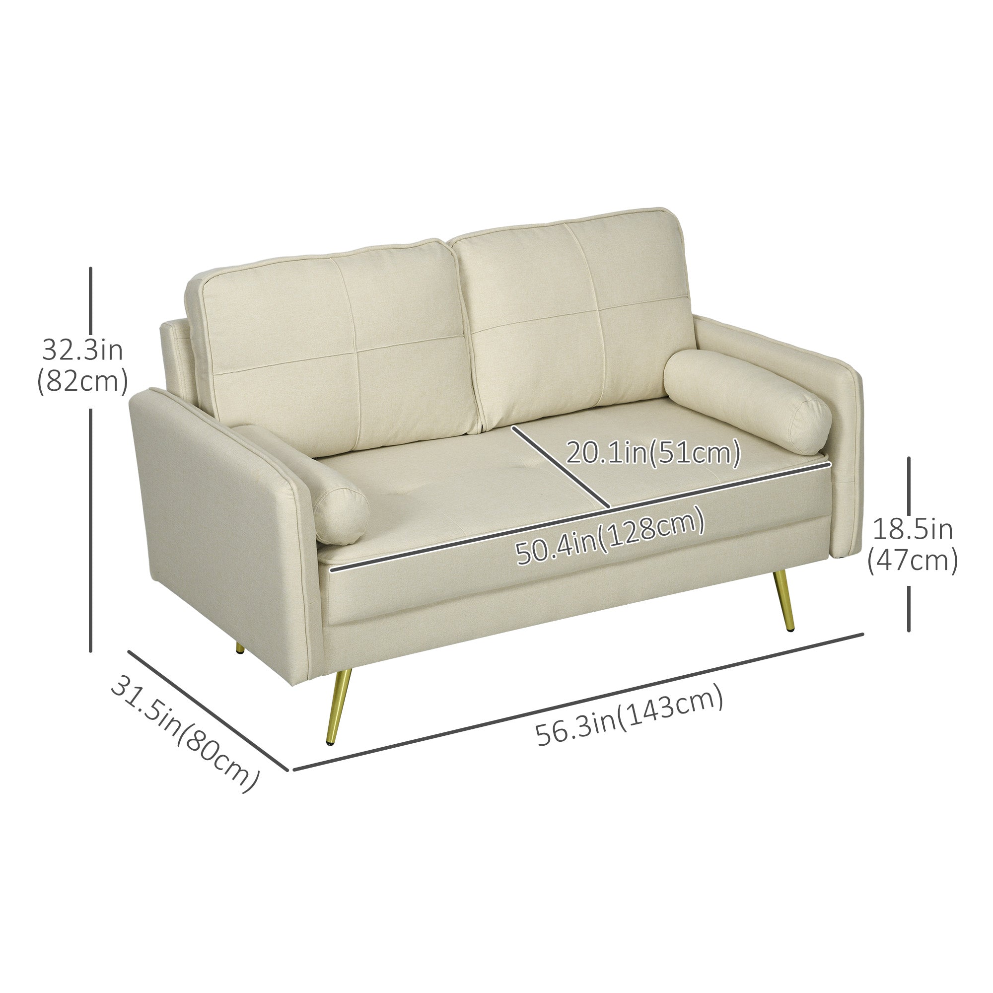 HOMCOM 56" Loveseat Sofa for Bedroom with Back Cushions and Pillows, Modern Love Seats Furniture, Upholstered 2 Seater Couch with Solid Wood Frame and Steel Legs, Beige