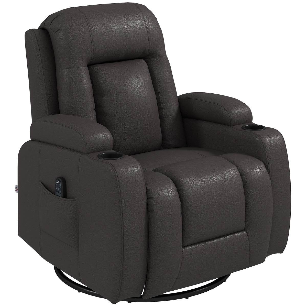 Recliner Armchair with Massage & Heat, Swivel Rocking Recliner Chair with Extended Footrest, Cup Holders and Side Pockets, PU Leather Manual Reclining Chair for Living Room, Dark Brown