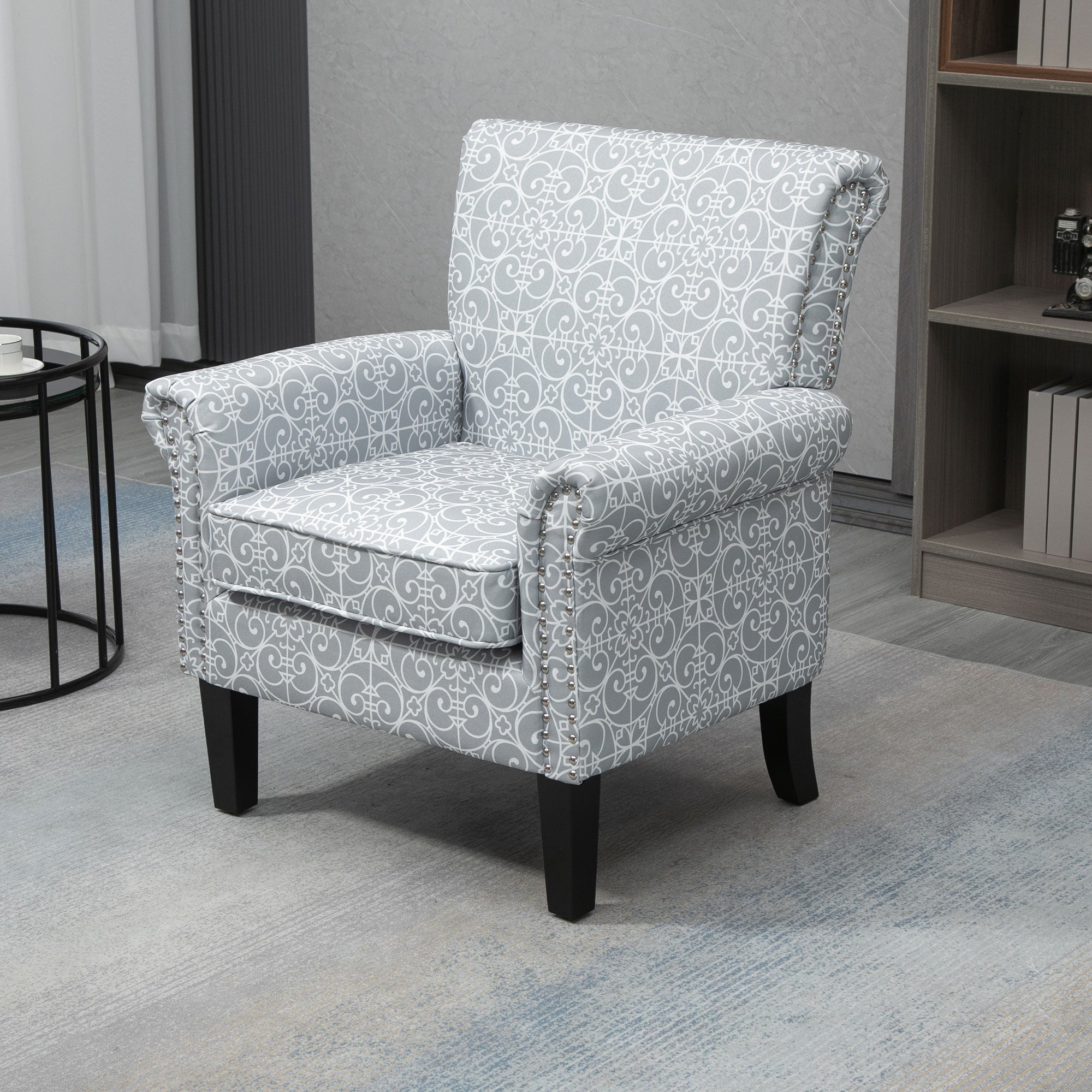 HOMCOM Modern Upholstered Accent Chair, Single Sofa Chair with Soft Linen Touch Fabric, Rolled Armrest with Nailhead Trim, Rubber Wood Legs and Thick Padding, Grey