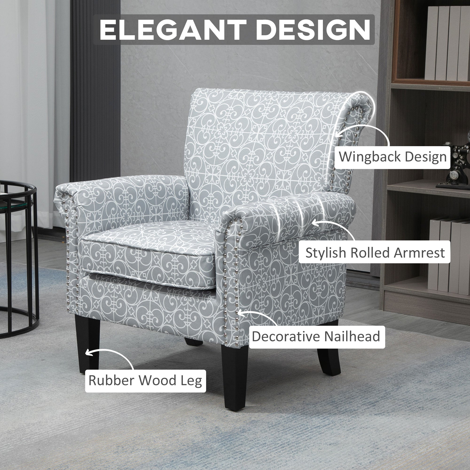 HOMCOM Modern Upholstered Accent Chair, Single Sofa Chair with Soft Linen Touch Fabric, Rolled Armrest with Nailhead Trim, Rubber Wood Legs and Thick Padding, Grey