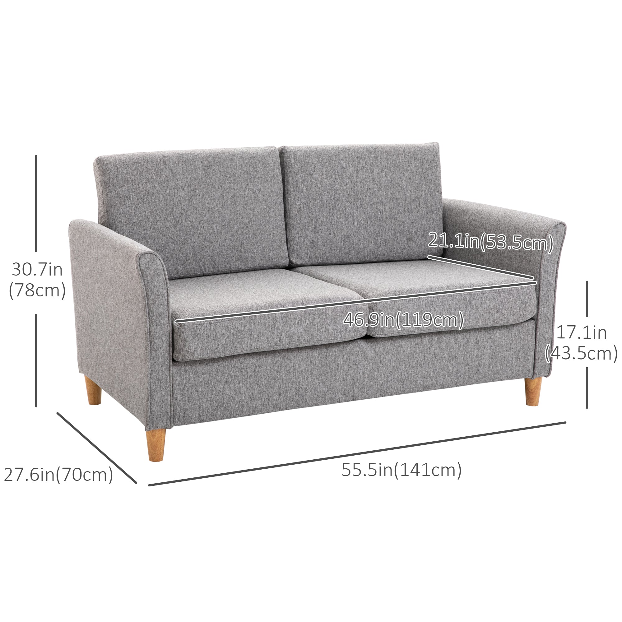 HOMCOM 56" Loveseat Sofa, Upholstered 2-Seater Couch with Armrests and Wooden Legs for Living Room, Bedroom, Light Grey