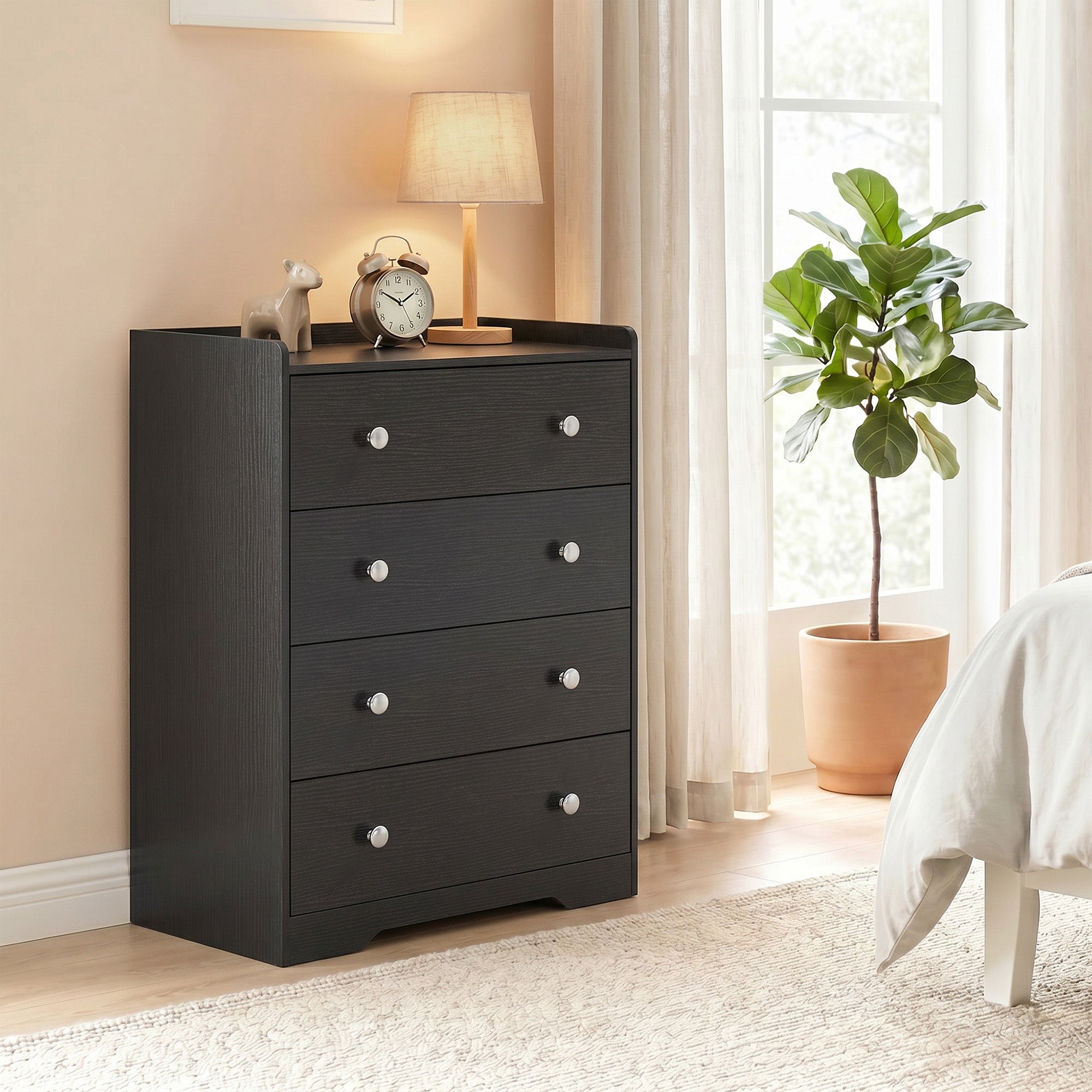 4 Drawer Chest of Drawers, Modern Dresser for Bedroom, Storage Cabinet for Living Room Entryway, Black Wood Effect