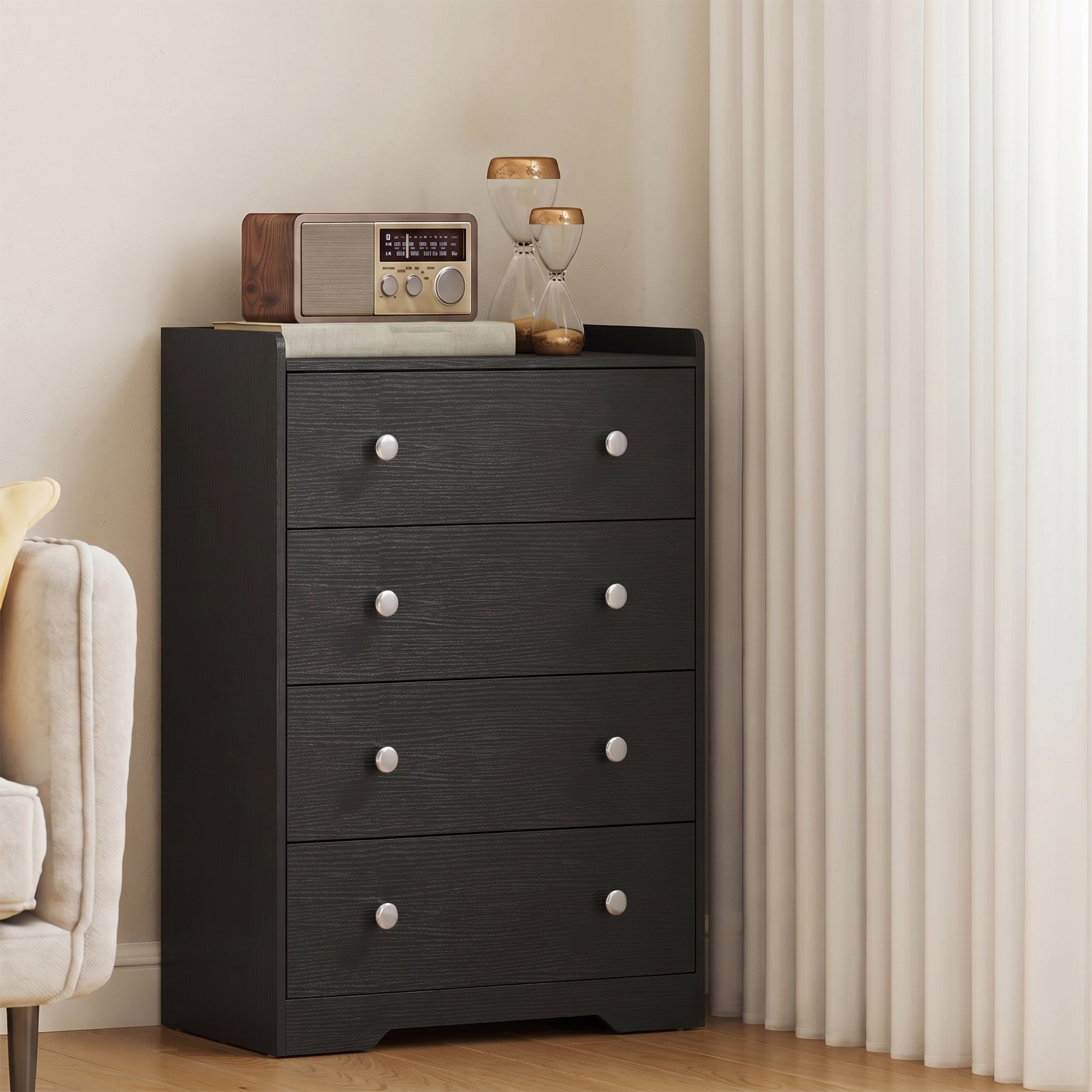 4 Drawer Chest of Drawers, Modern Dresser for Bedroom, Storage Cabinet for Living Room Entryway, Black Wood Effect