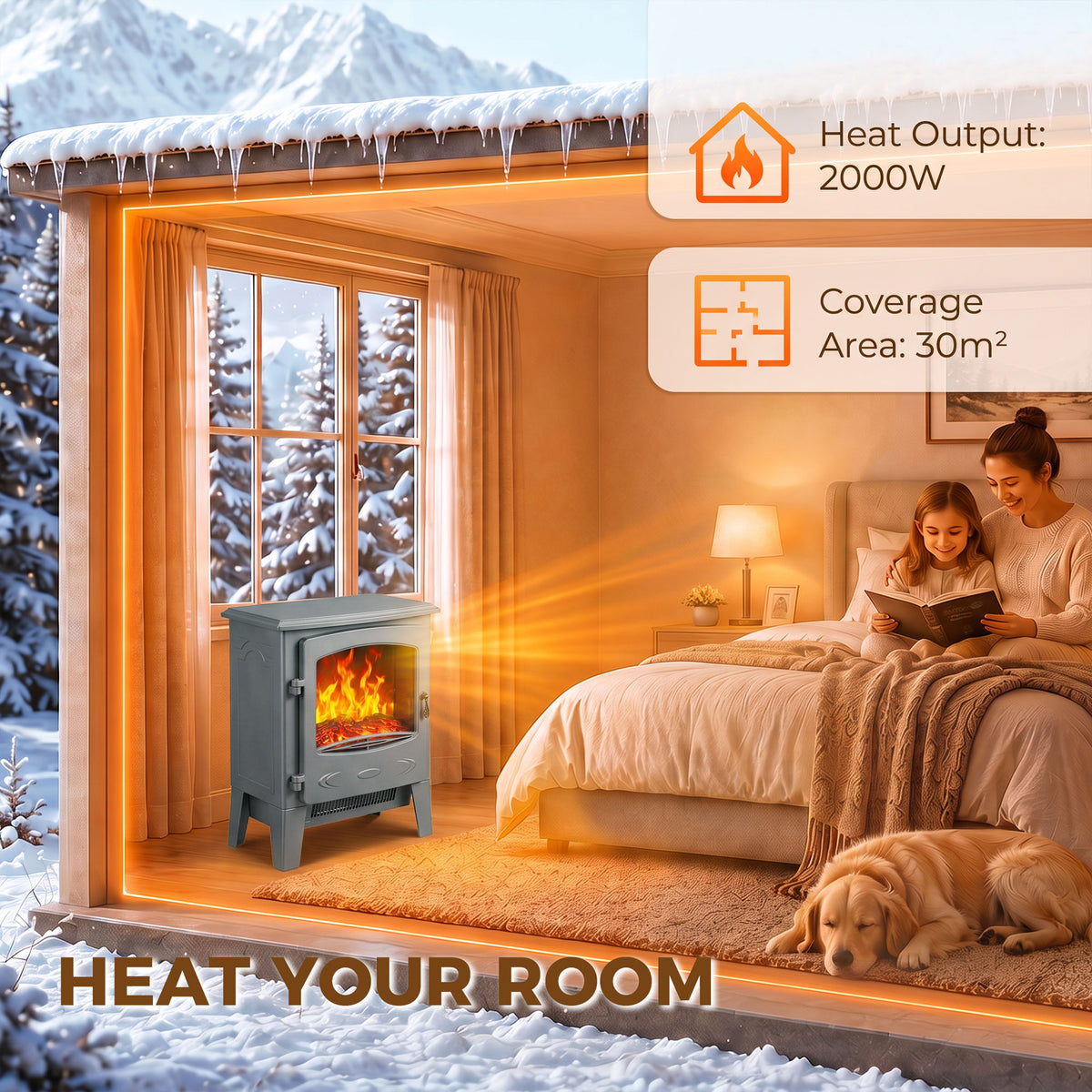 Electric Fireplace Stove, Freestanding Log Burner, 1000W/2000W, Portable Electric Fire Fan Heater with LED Flame Effect, Adjustable Thermostat, Tempered Glass, Overheat Protection， Grey
