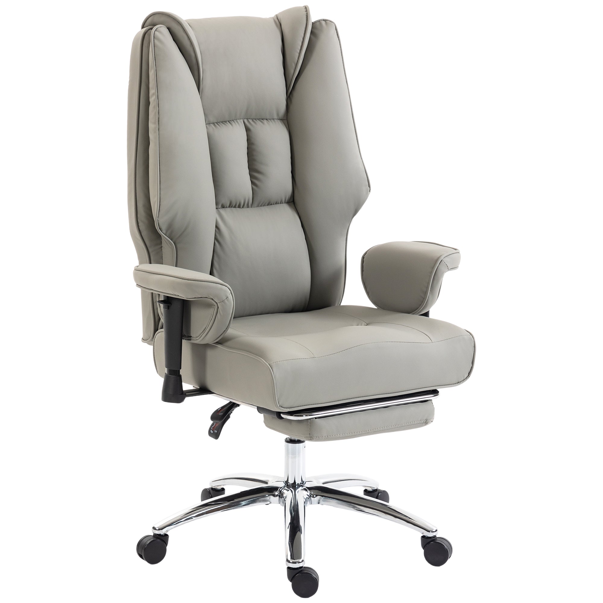Ergonomic Executive Office Chair with Foot Rest, Reclining Swivel Computer Desk Chair with Adjustable Armrests, Spring Seat, High Back, Thick Cushion, Pet Friendly Faux Leather, Light Gray