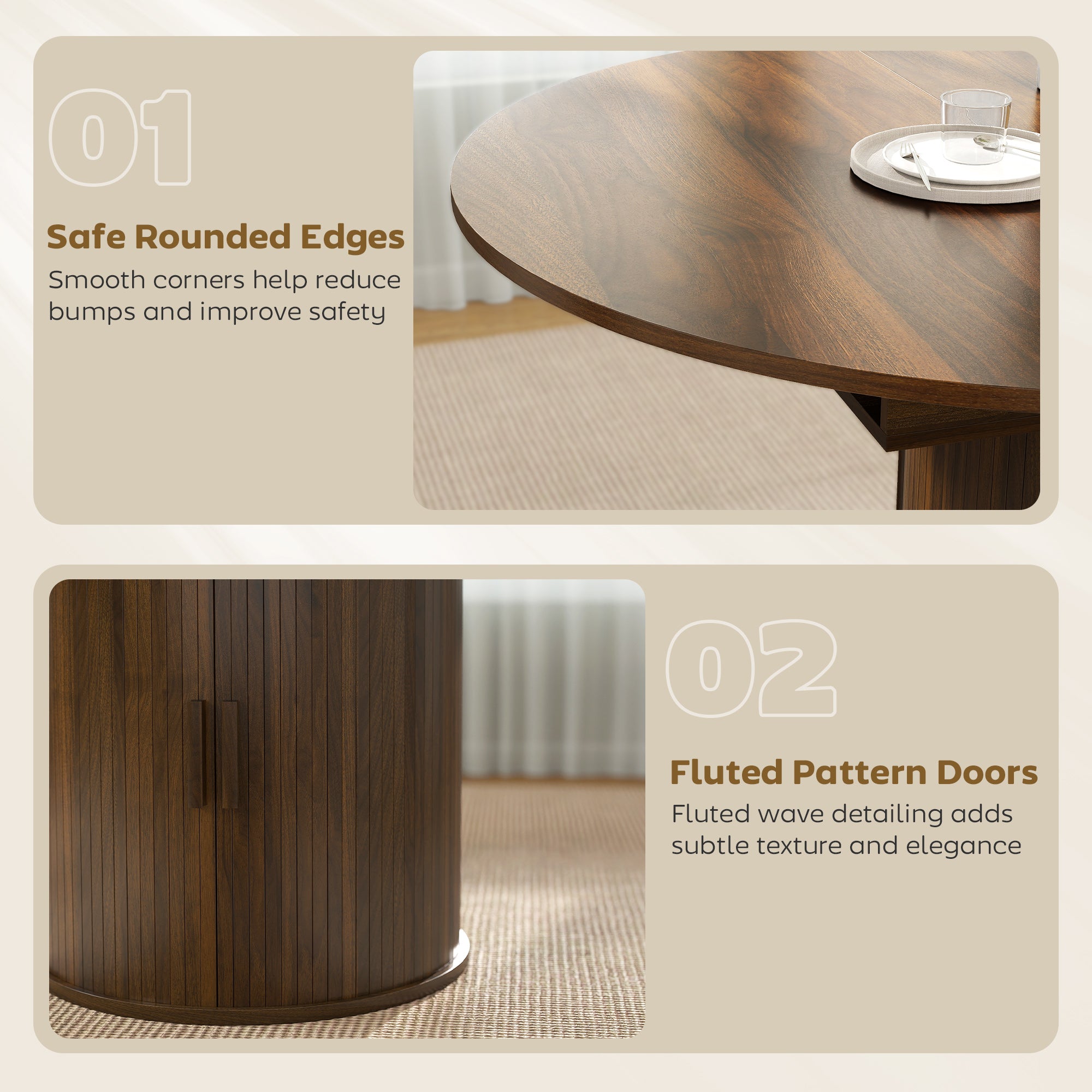 Extendable Dining Table for 6, 60 Inch Farmhouse Oval Kitchen Table with 2-Tier Storage Shelf and Fluted Sliding Doors for Dining Room Living Room, Walnut