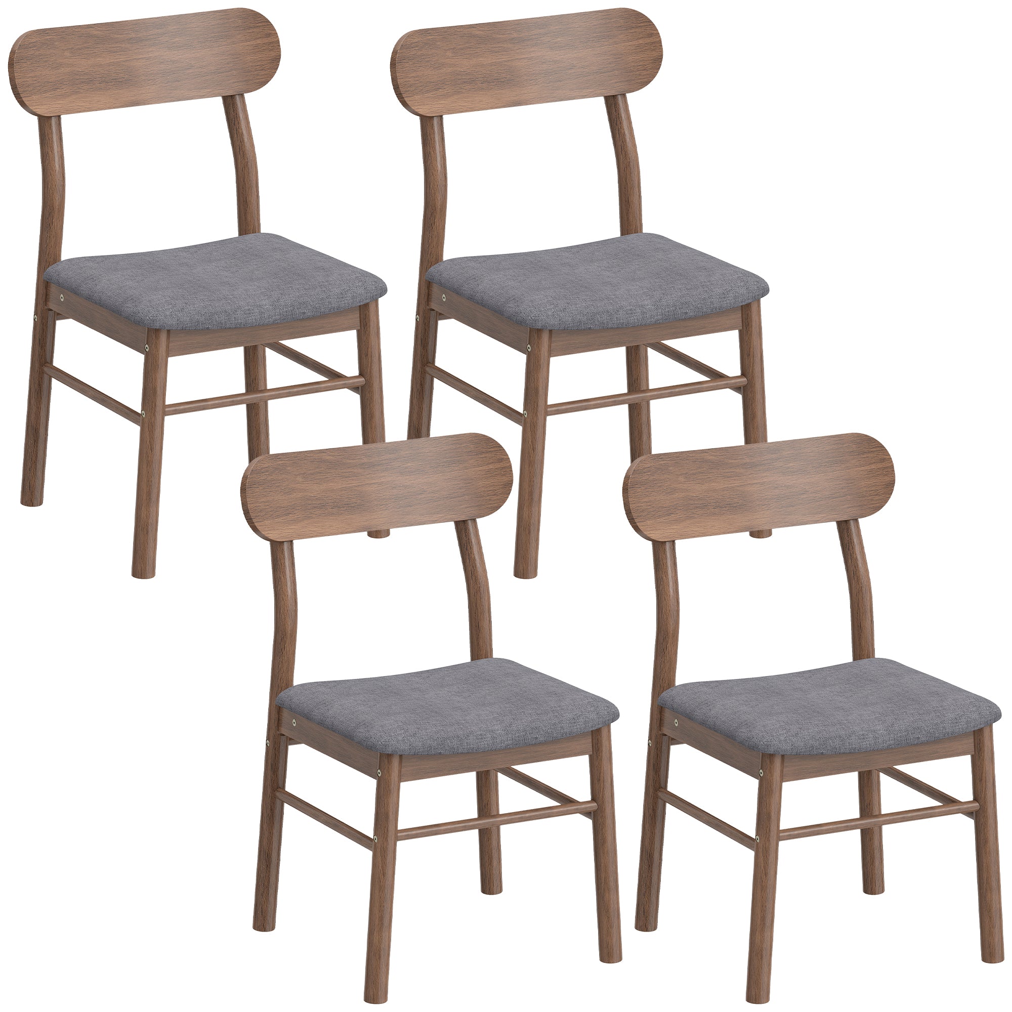 Mid-Century Modern Wooden Dining Chairs Set of 4, Upholstered Kitchen Chairs with Rubberwood Legs, Curved Backrest and Padded Seat for Dining Room, Gray
