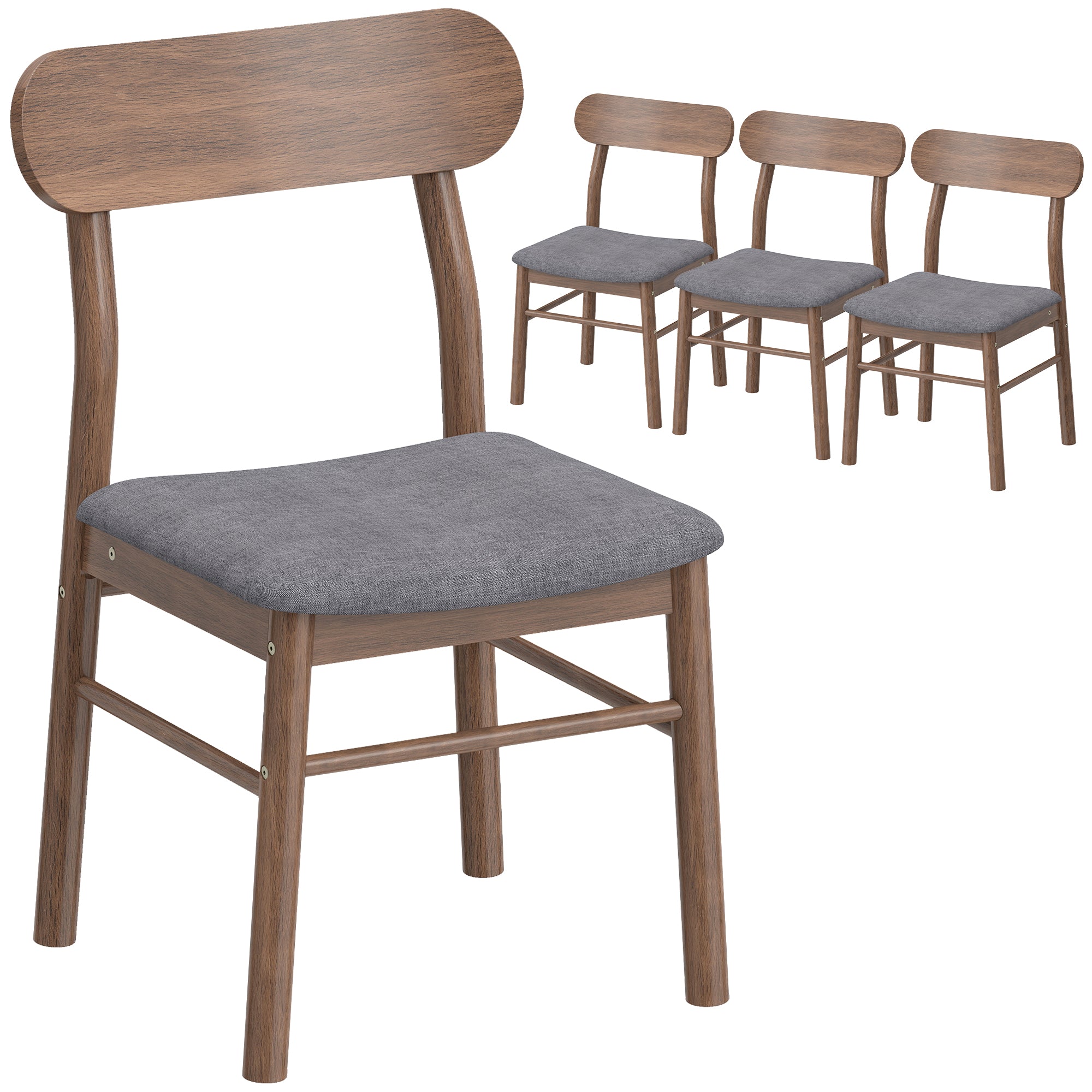 Mid-Century Modern Wooden Dining Chairs Set of 4, Upholstered Kitchen Chairs with Rubberwood Legs, Curved Backrest and Padded Seat for Dining Room, Gray