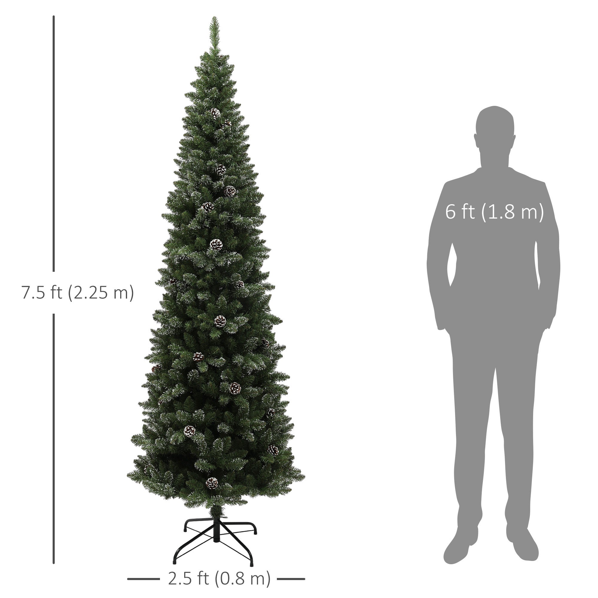 HOMCOM 7ft Artificial Pencil Christmas Tree with 980 Branches, Metal Base, Realistic Xmas Tree