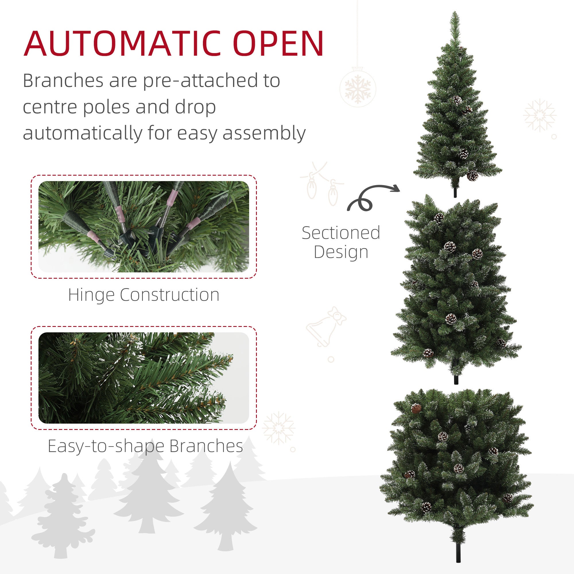 HOMCOM 7ft Artificial Pencil Christmas Tree with 980 Branches, Metal Base, Realistic Xmas Tree