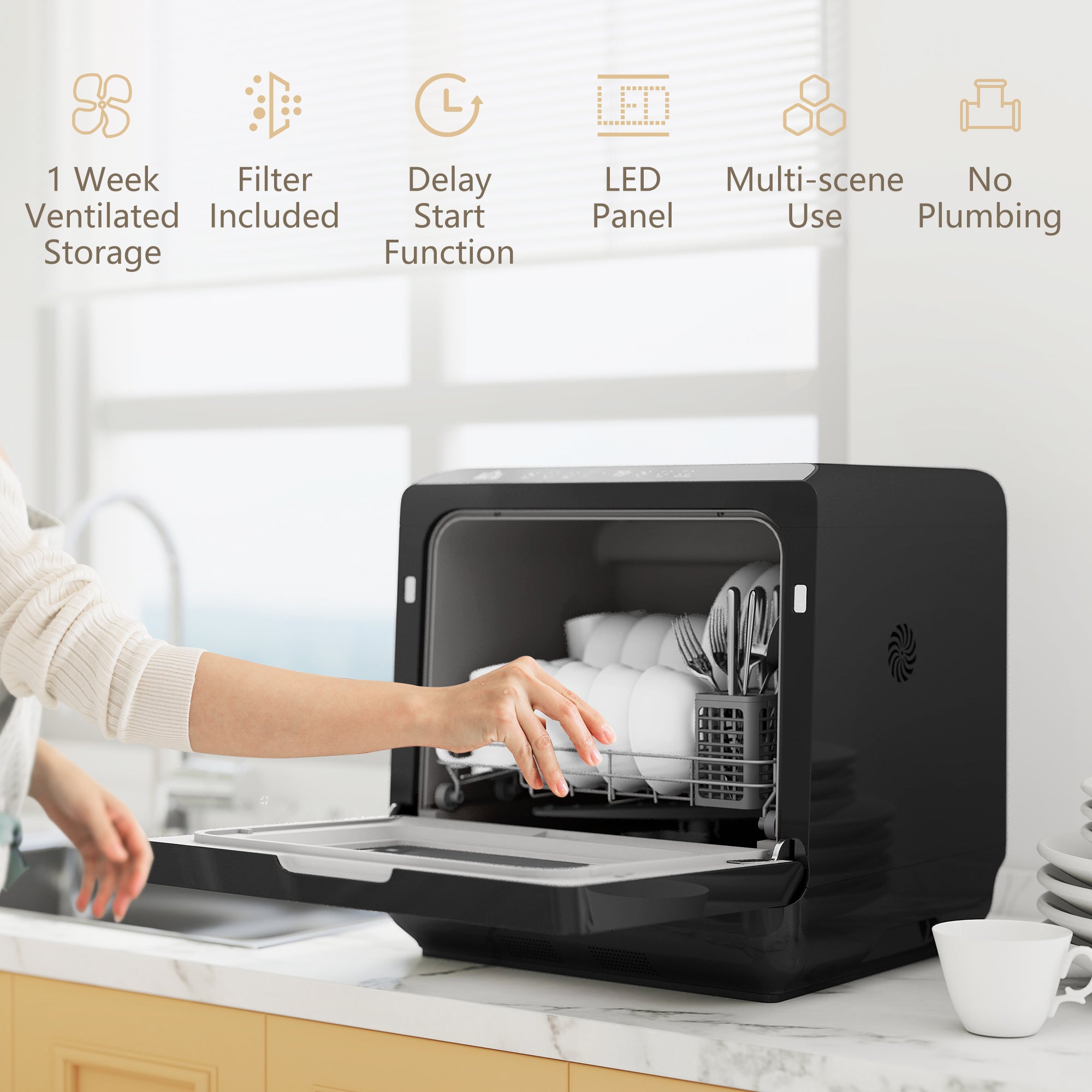 Table Top Dishwasher, Mini Countertop Dishwasher No Plumbing with Built-in 6L Water Tank, 6 Programs, Touch Control, LED Display, 4 Place Settings, Dual Water Supply and Fruit Wash, Black